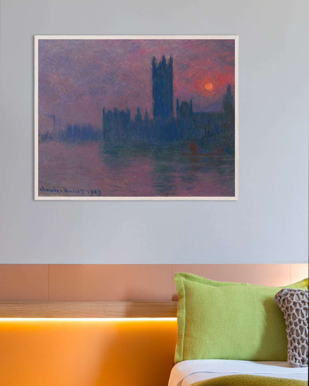 Poster Das Parlament, untergehende Sonne (1900–1903) von Claude Monet mit weißem Holzrahmen