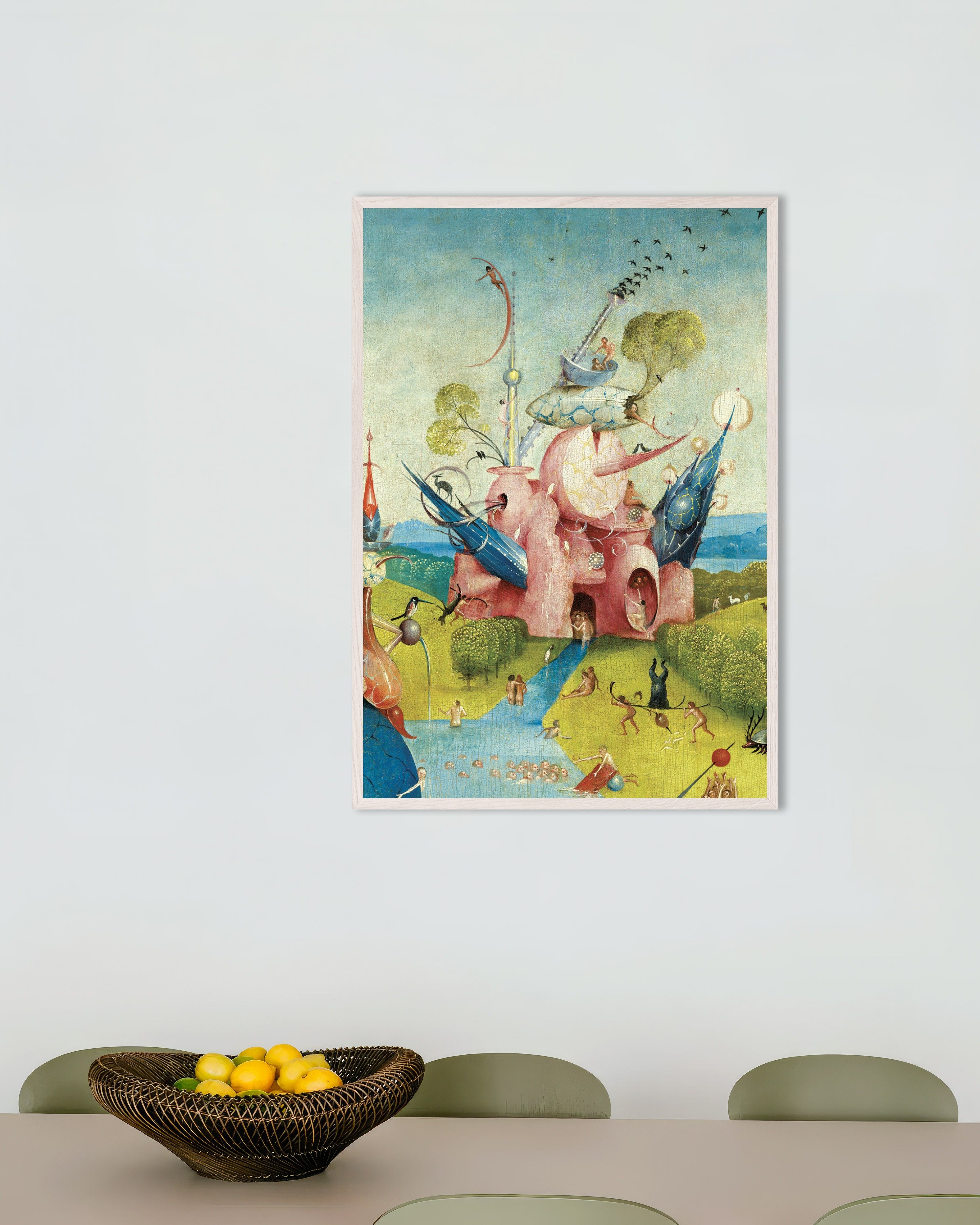 Poster of The pink castle and bird chimney - Detail from The Garden of Earthly Delights, with white wooden frame