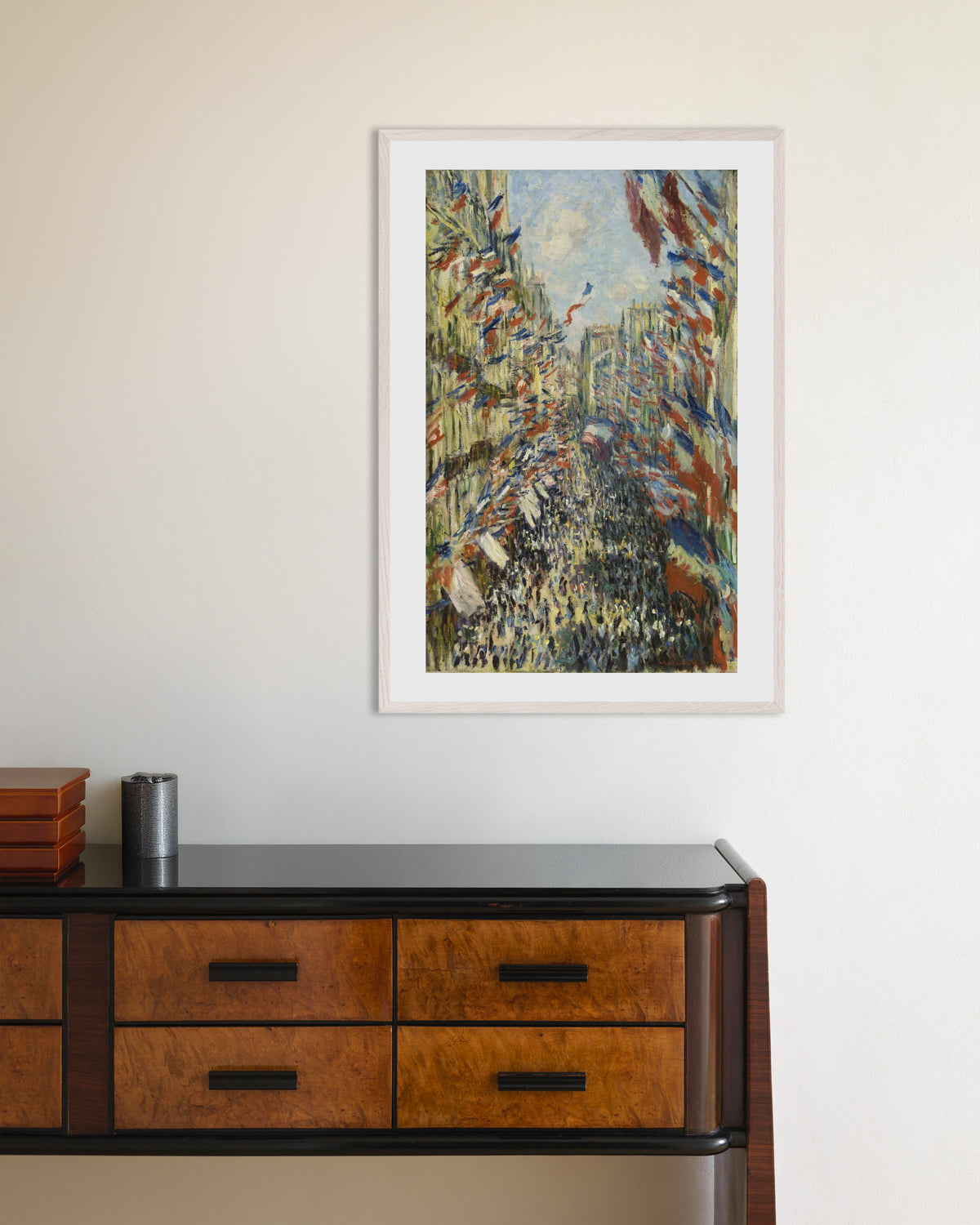 Poster Die Rue Montorgueil in Paris, Fest des 30. Juni 1878 von Claude Monet mit weißem Holzrahmen