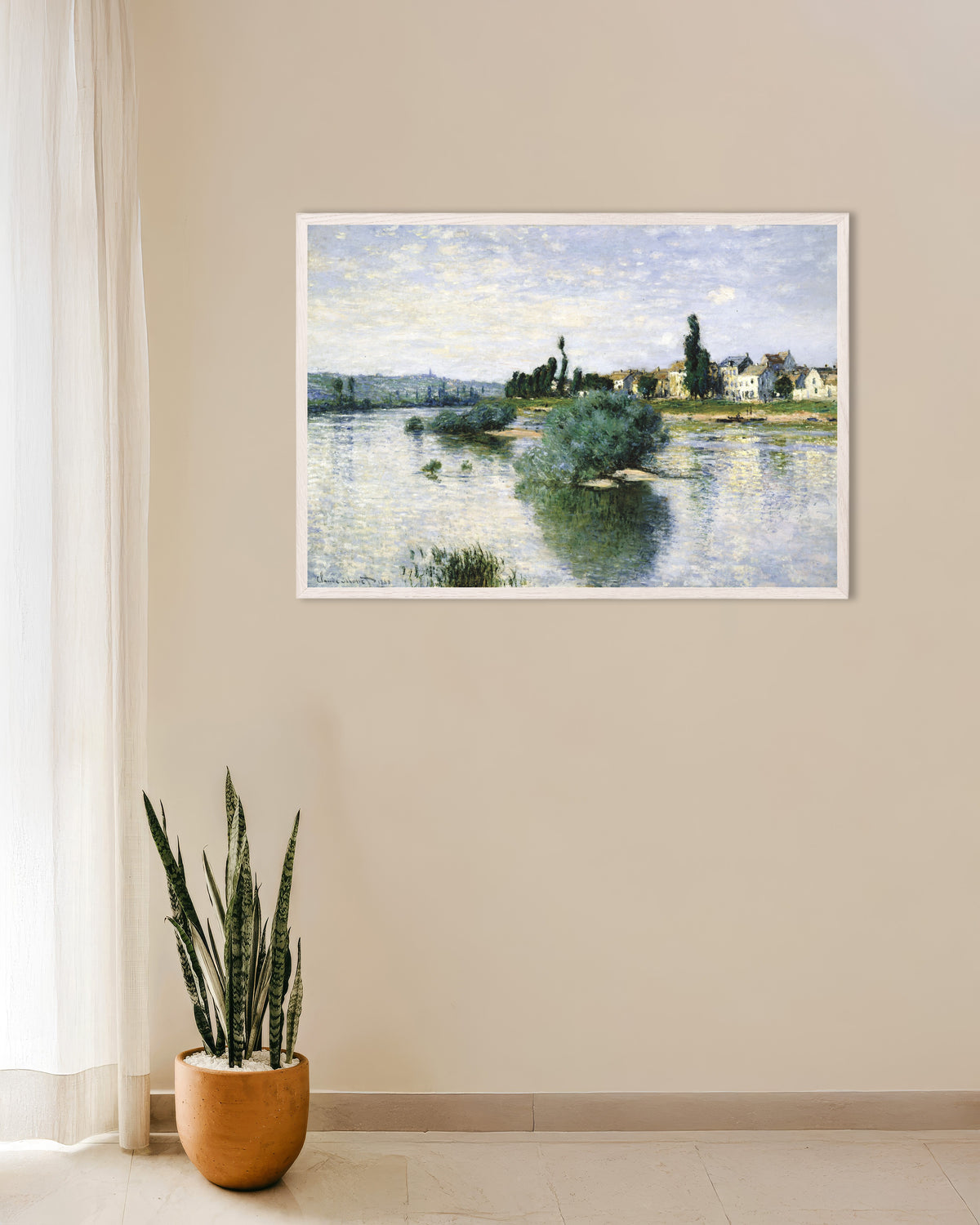 Poster Die Seine bei Lavacourt (1880) von Claude Monet mit weißem Holzrahmen