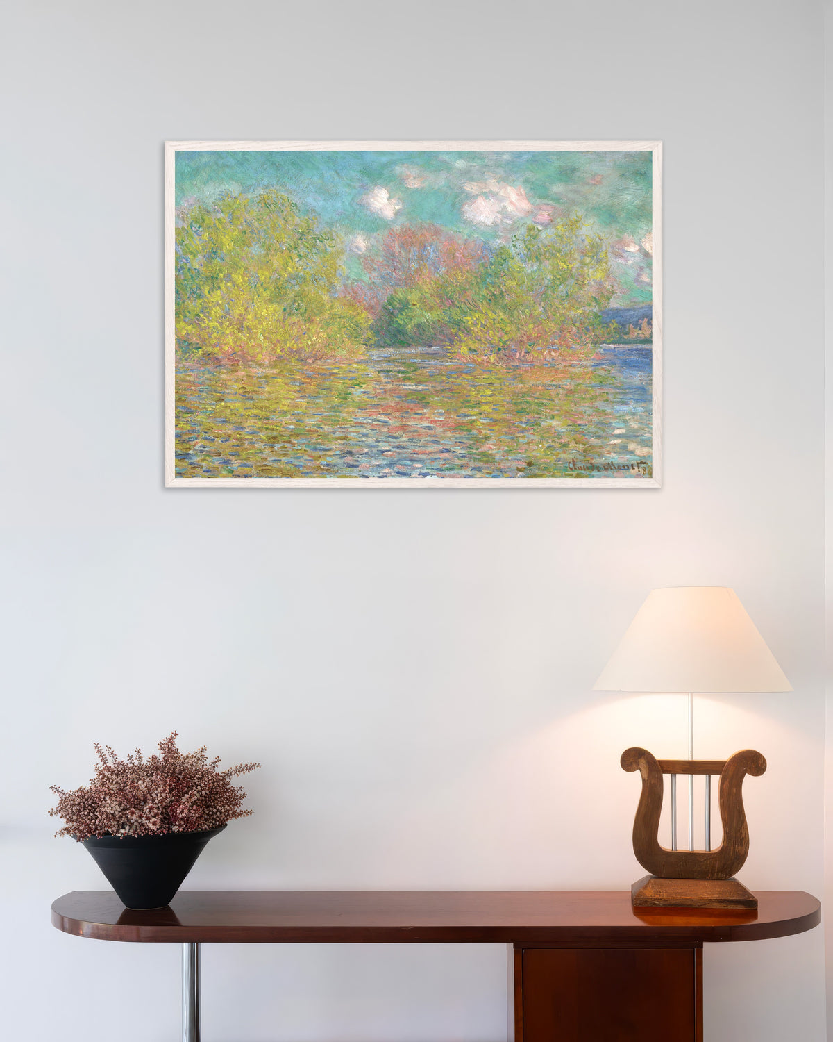 Poster Die Seine bei Giverny (1888) von Claude Monet mit weißem Holzrahmen