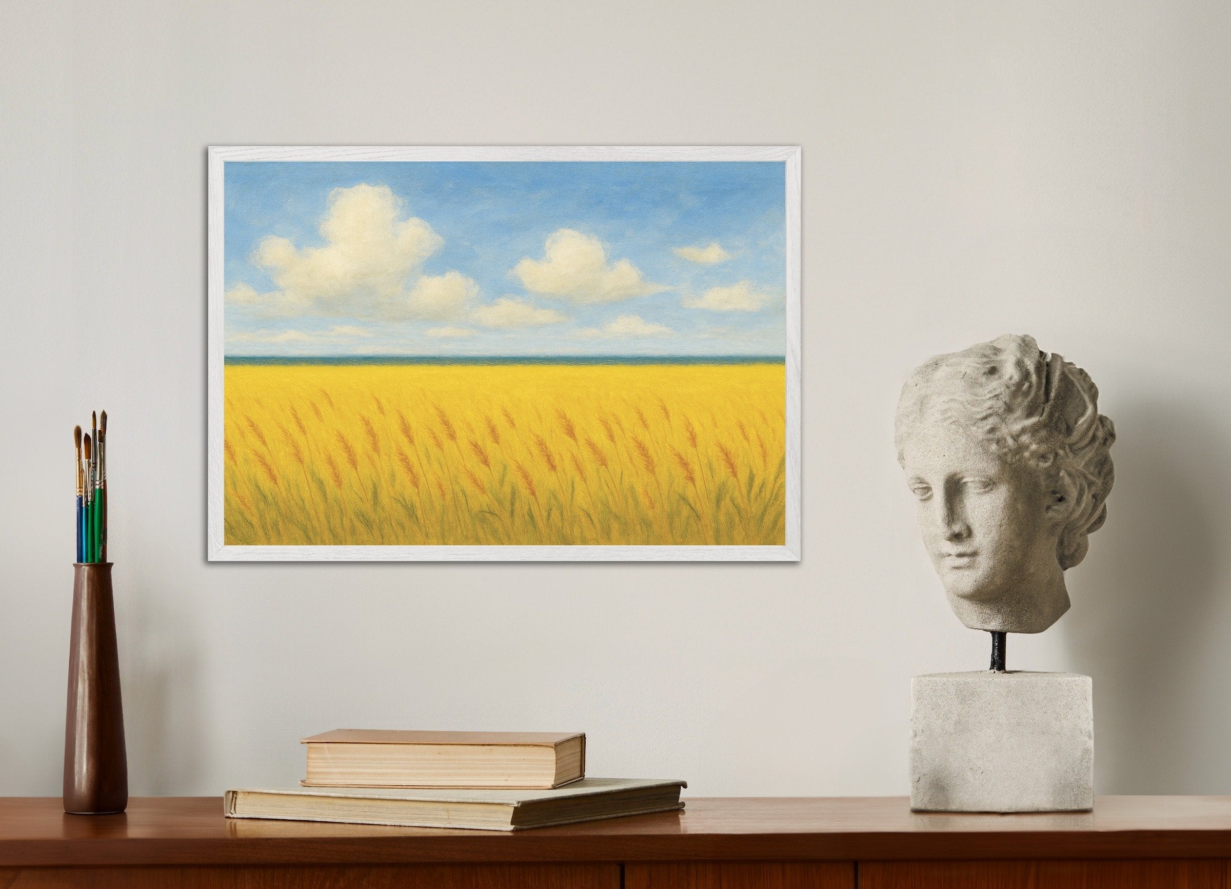 Poster of Ukraine poster - Wheat field and blue sky, with white wooden frame