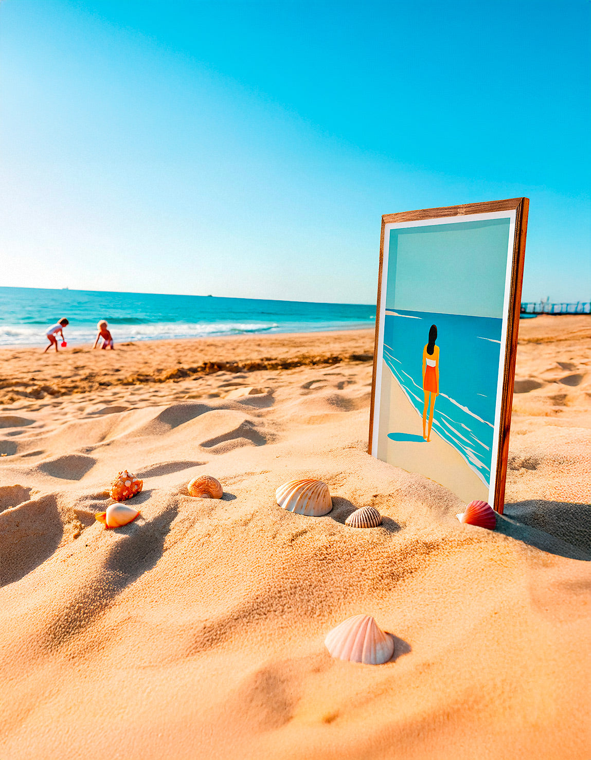Beach scene with a framed picture of a woman walking on the sand, with people playing in the background.