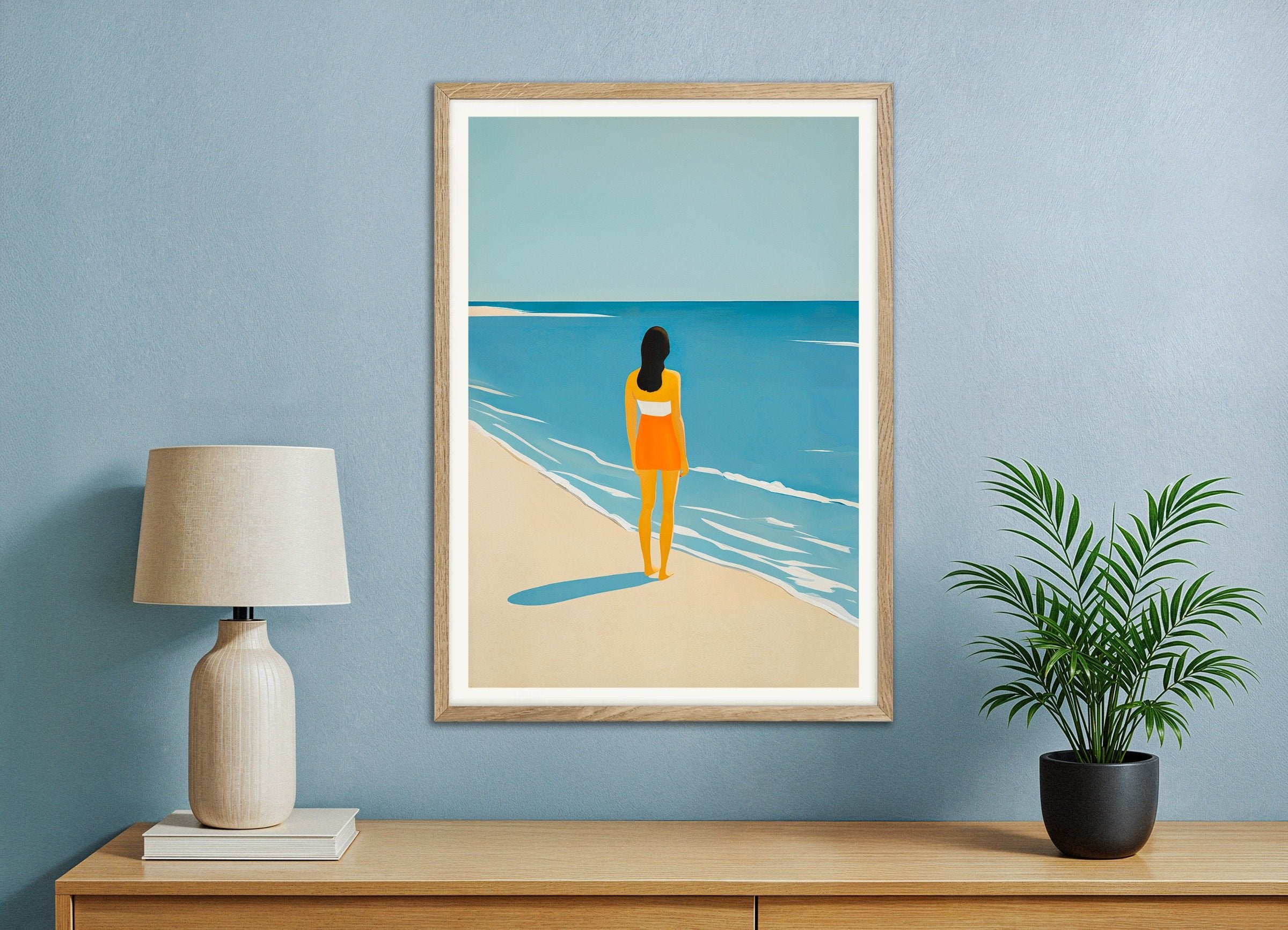 Poster of Vi Beach - Sunset Orange Coastal Art Print, with natural wooden frame