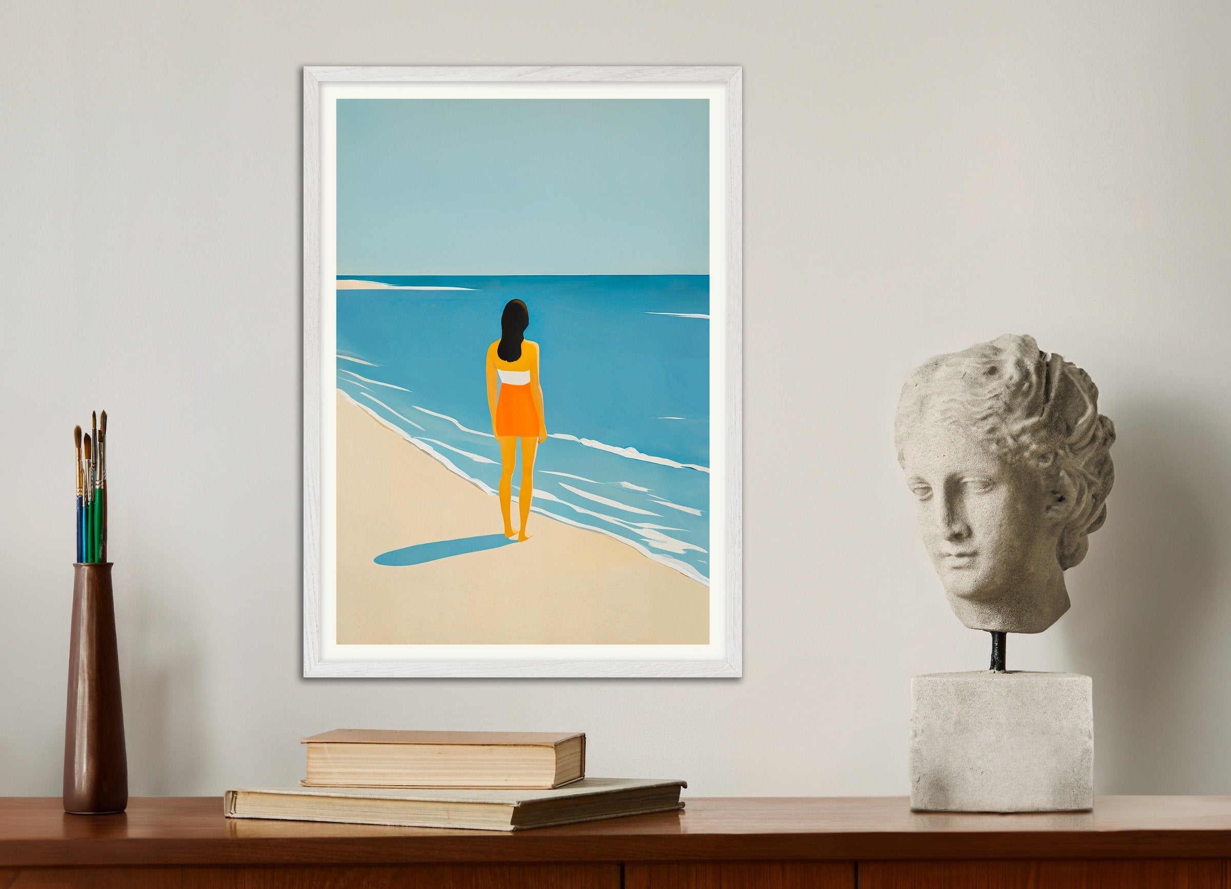 Poster of Vi Beach - Sunset Orange Coastal Art Print, with white wooden frame