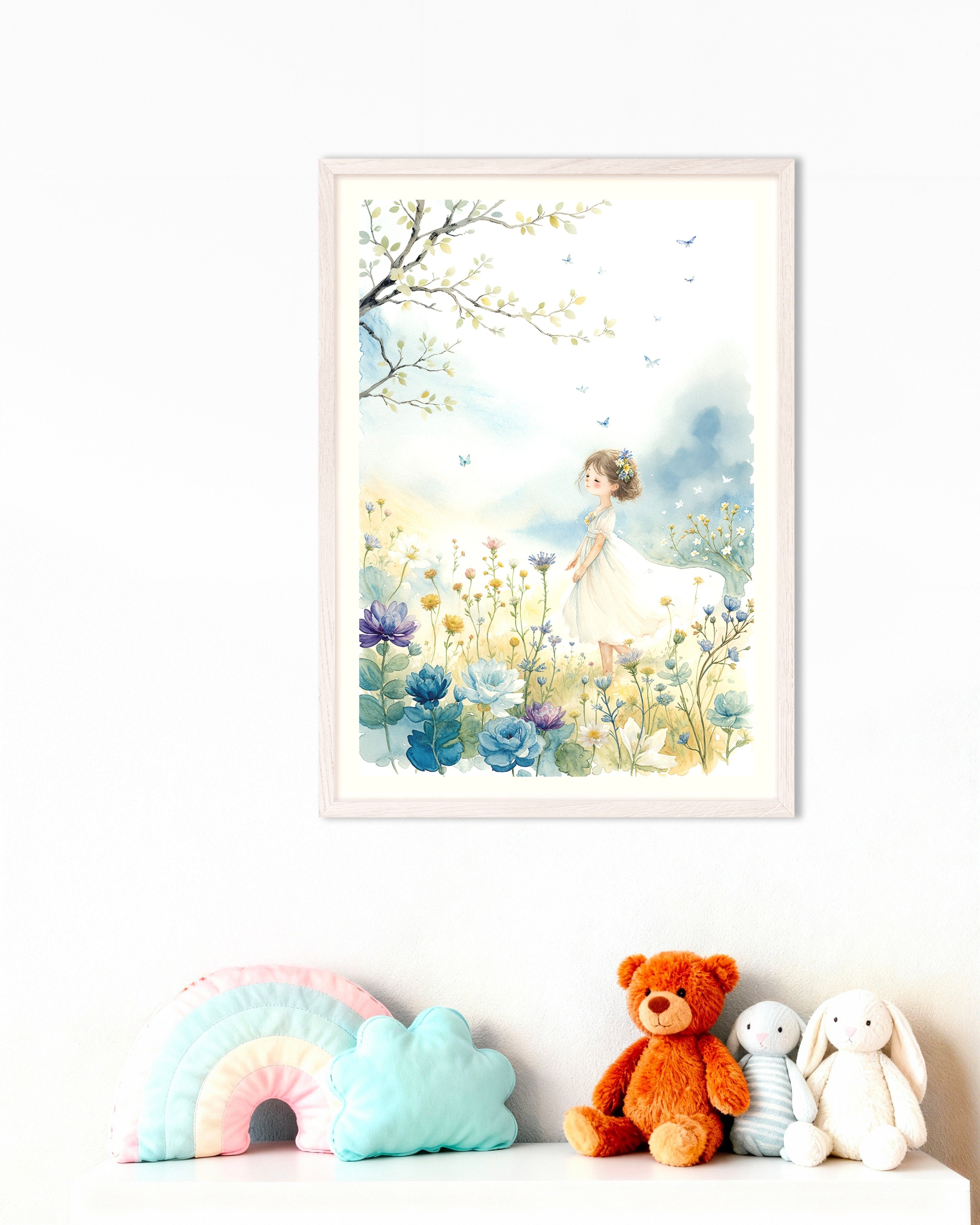 Poster of Watercolor painting, young girl and flowers - Poster, with white wooden frame
