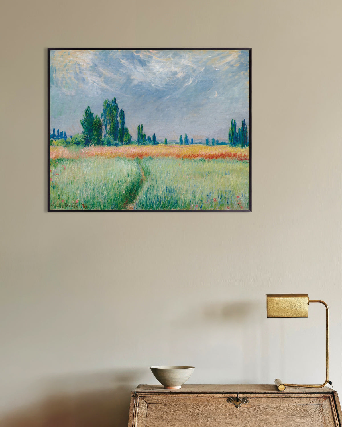 Poster Weizenfeld (1881) von Claude Monet mit Metallrahmen