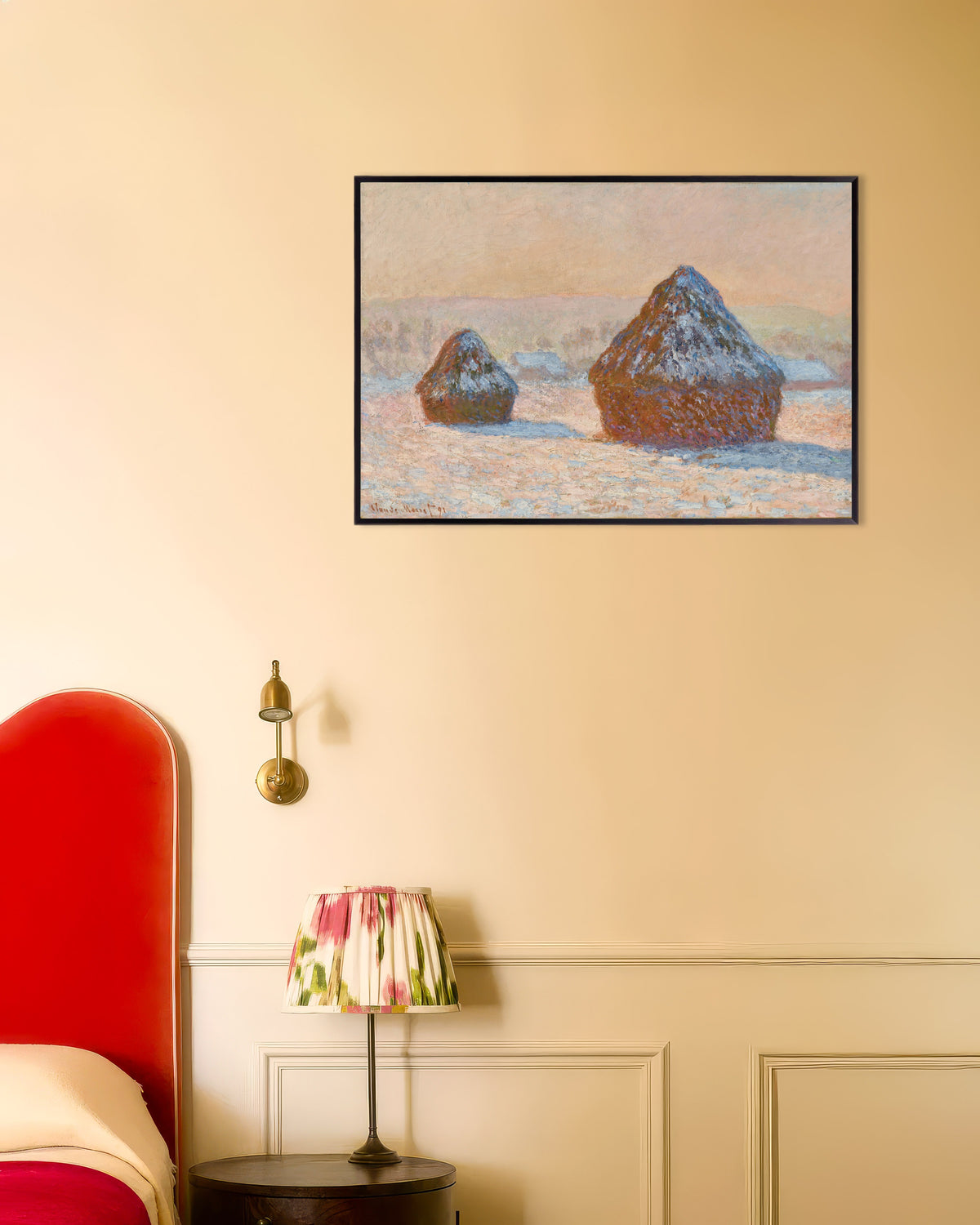 Poster Getreideschober, Schneeeffekt, Morgen (1891) von Claude Monet mit Metallrahmen