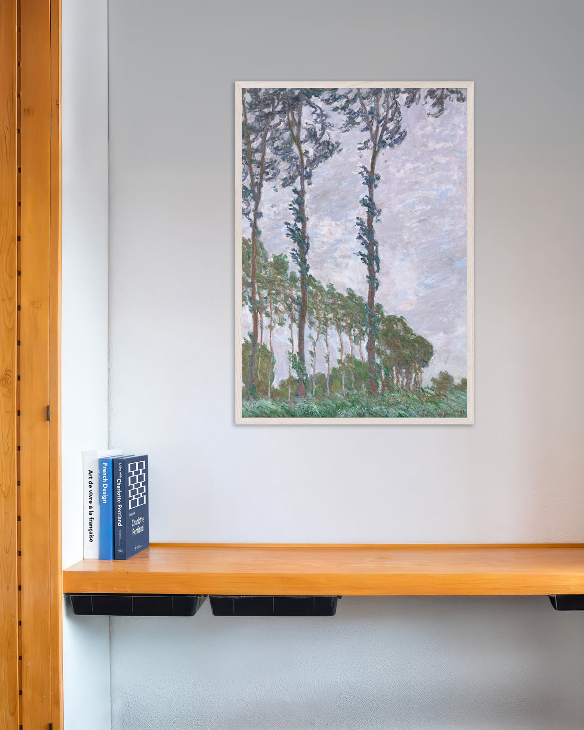 Poster Pappeln, Windeffekt (1891) von Claude Monet mit weißem Holzrahmen