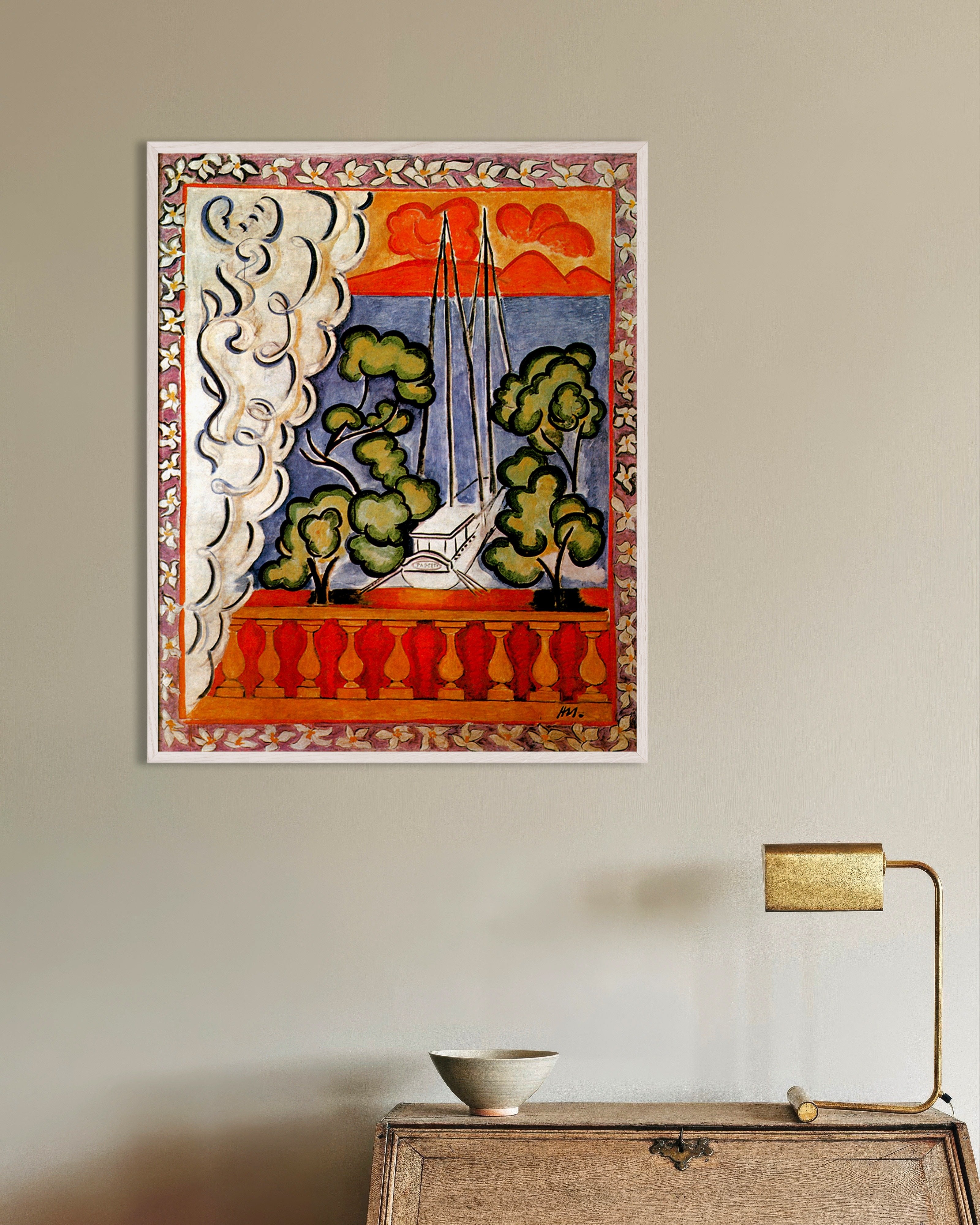 Poster of Window in Tahiti (1935) by Henri Matisse, with white wooden frame