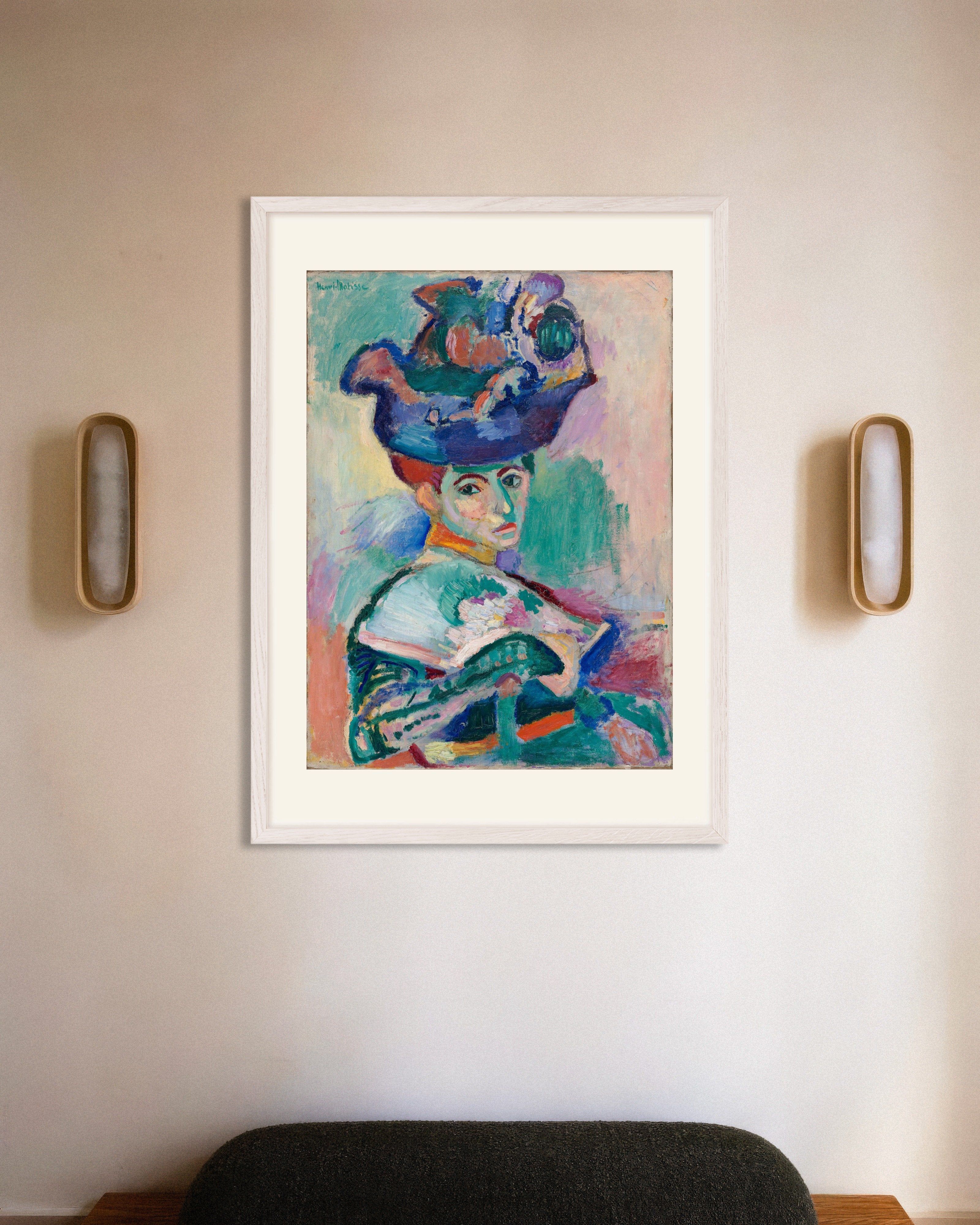 Poster of Woman with a hat (1905) by Henri Matisse, with white wooden frame