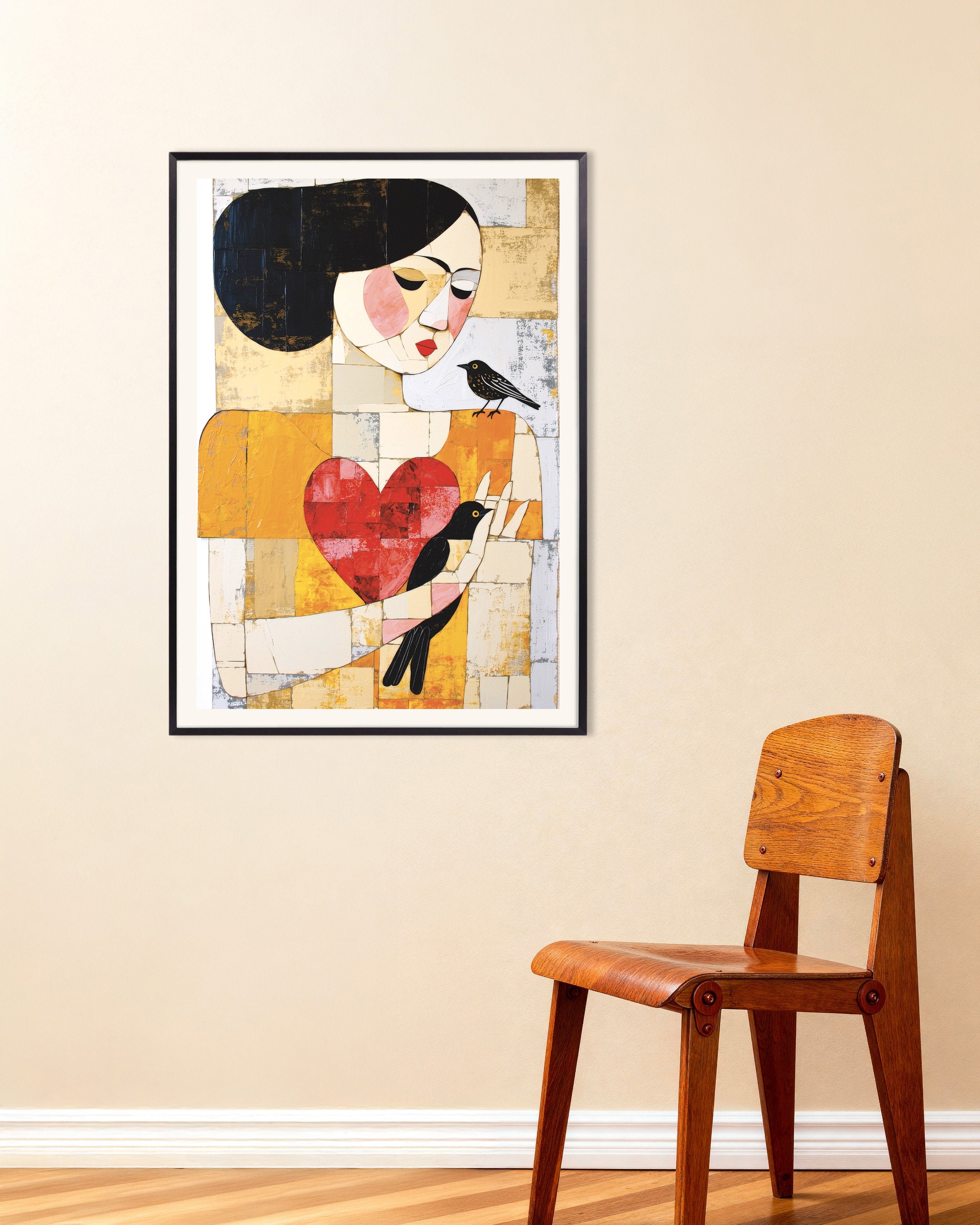 Poster of Woman with birds abstract art print, with metal frame