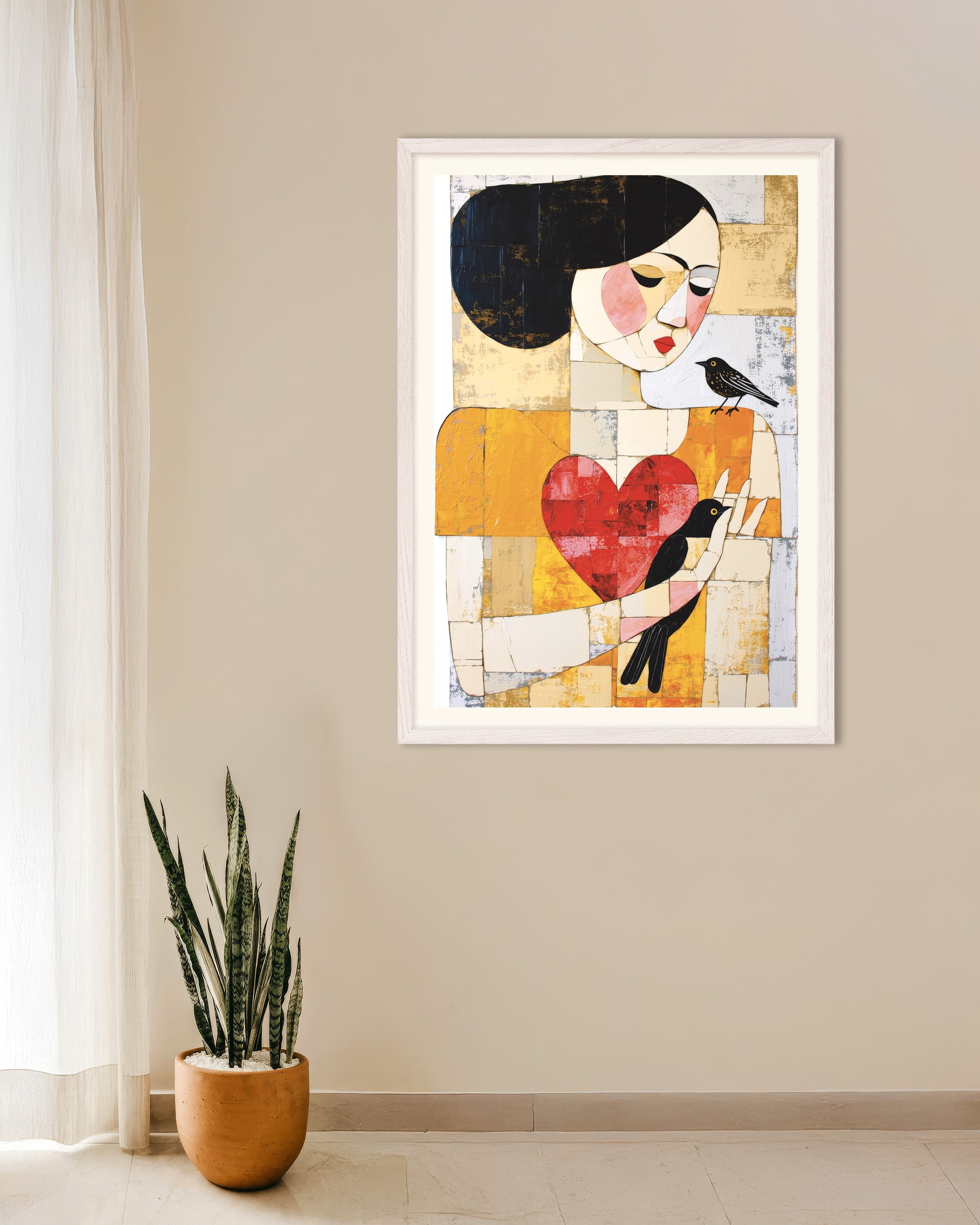 Poster of Woman with birds abstract art print, with white wooden frame