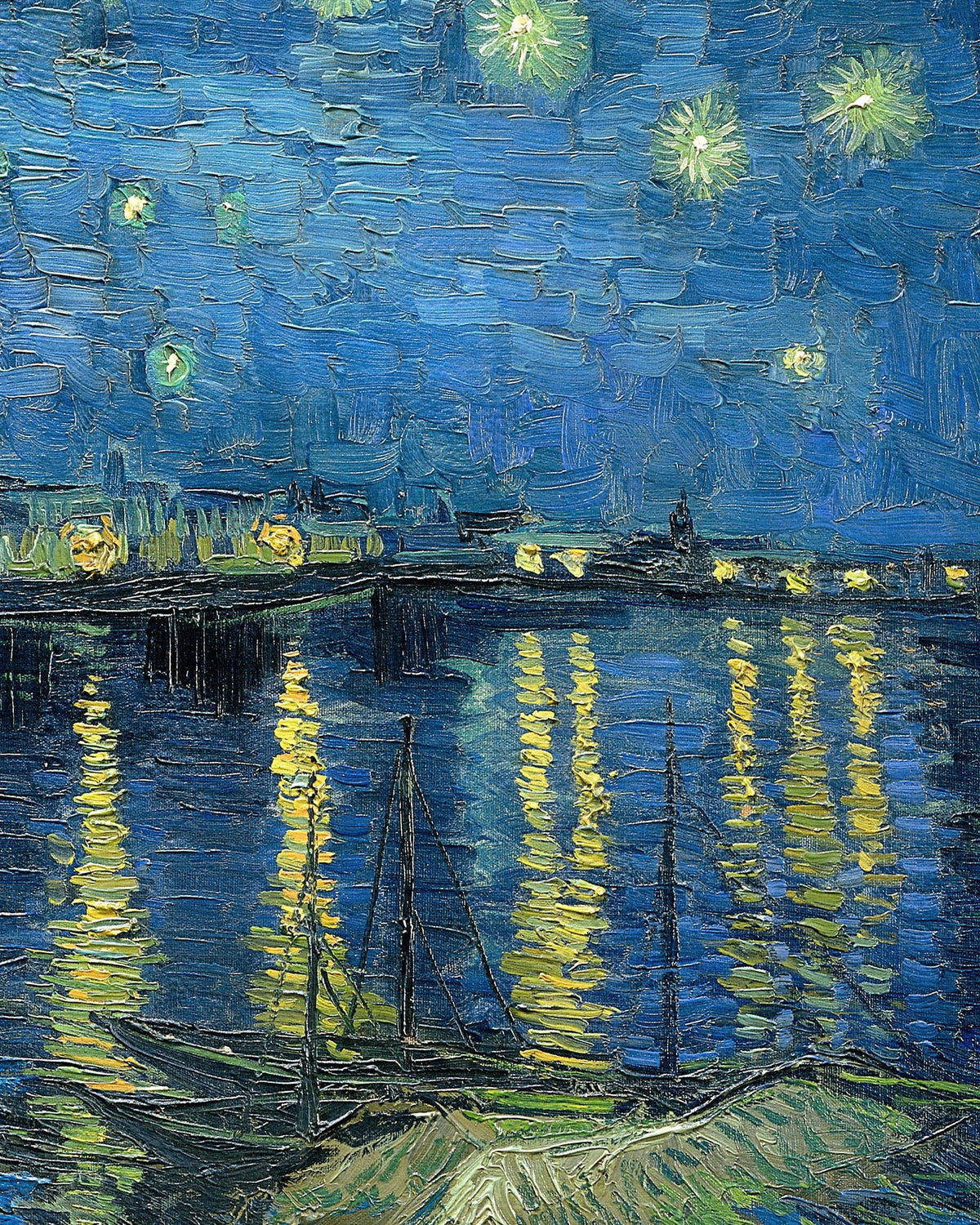 Ausschnitt aus Sternennacht über der Rhône (1888) von Vincent van Gogh: Die Lichter von Arles spiegeln sich im Fluss unter einem blauen Sternenhimmel