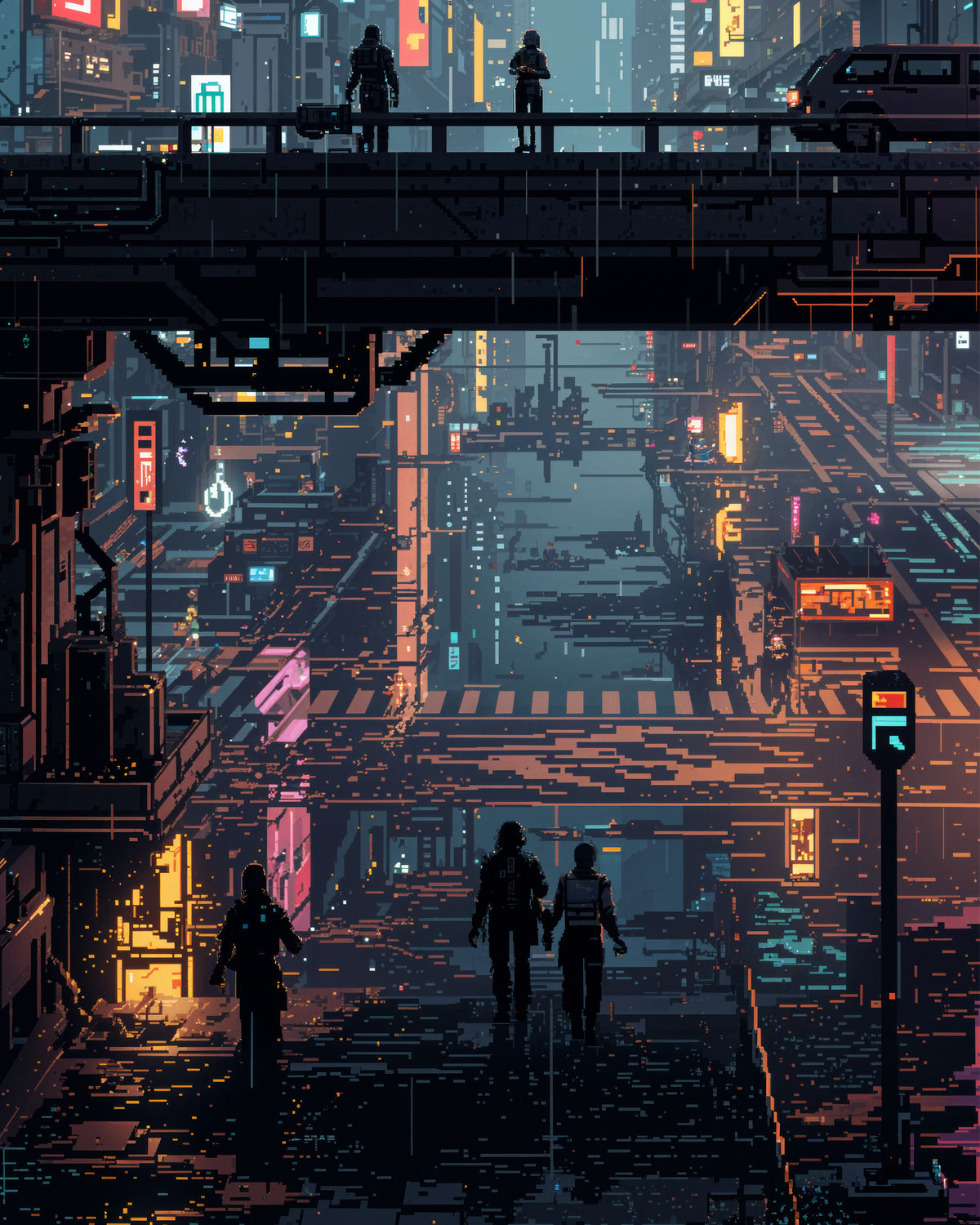 Futuristische Cyberpunk-Stadtszene mit silhouettierten Fußgängern, die unter erhöhten Wegen und leuchtenden Neonschildern in Blau, Rosa, Orange und Gelb entlanggehen.
