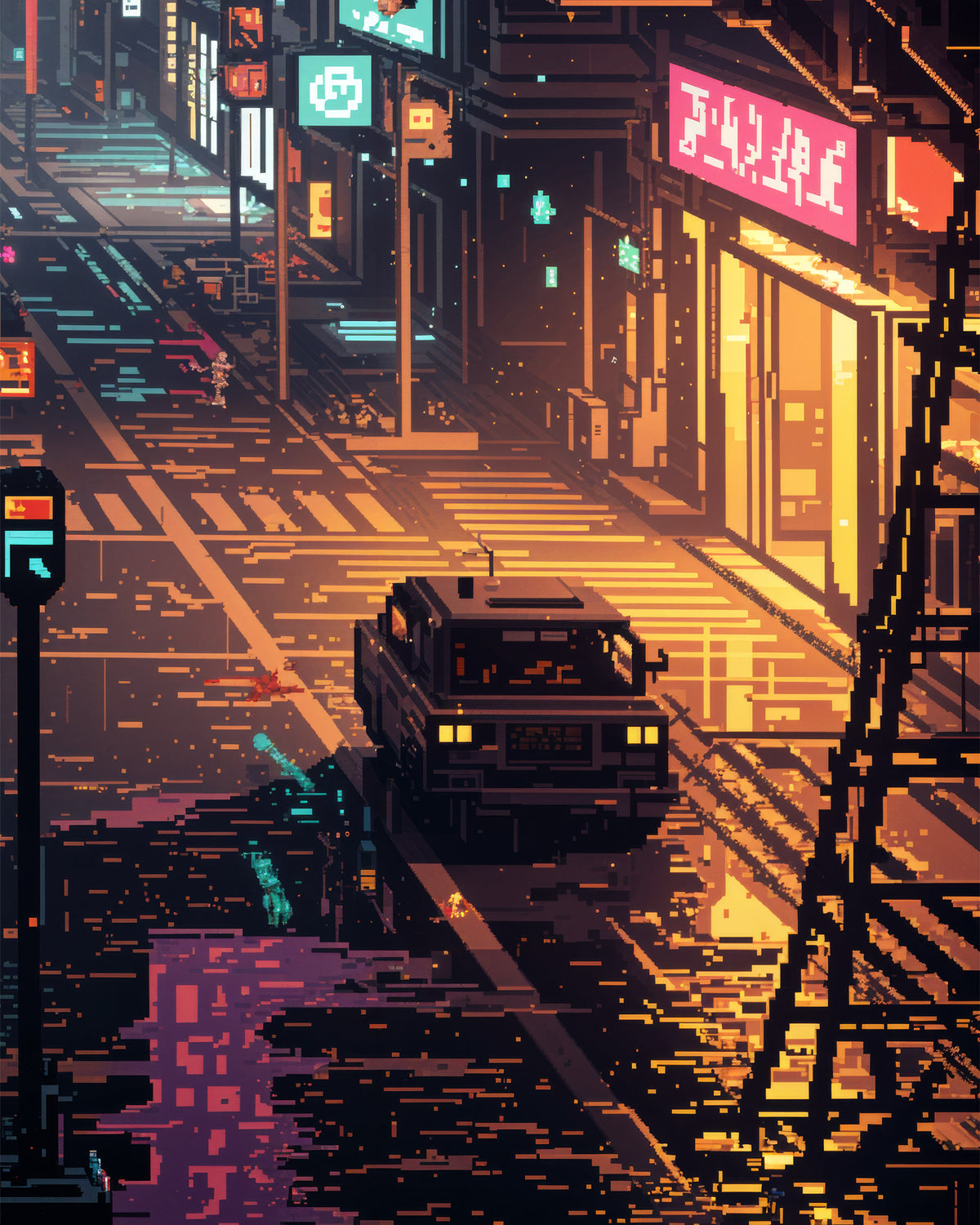 Stilisierte, neonbeleuchtete Straßenszene bei Nacht mit einem dunklen Fahrzeug auf einer nassen Straße, leuchtenden Ladenschildern und pixeliger digitaler Kunst in Orange, Lila, Blau und Gelb.