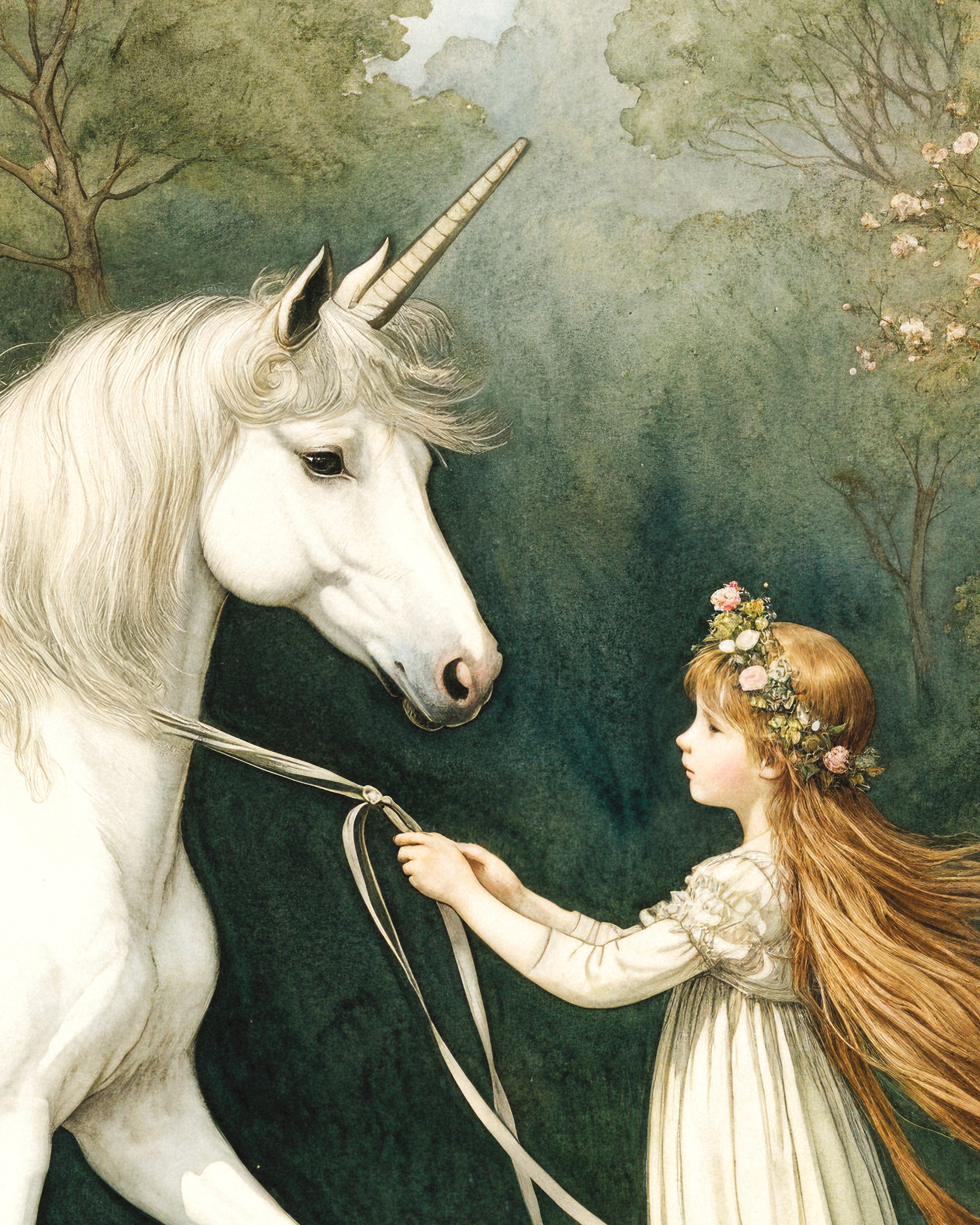 Illustration of a young girl with a unicorn in a forest setting