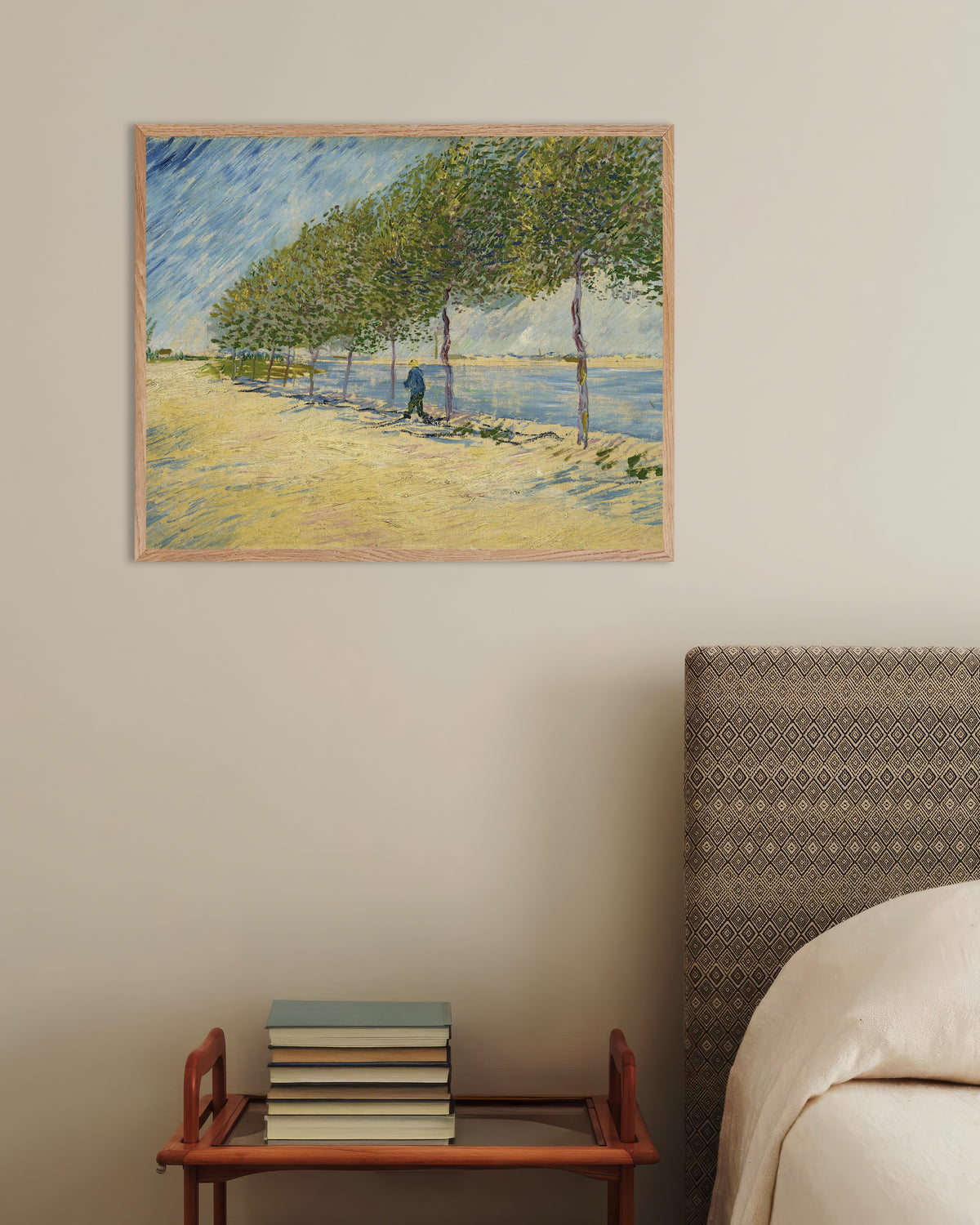 Poster „Entlang der Seine (1887) von Vincent van Gogh“ mit naturfarbenem Holzrahmen