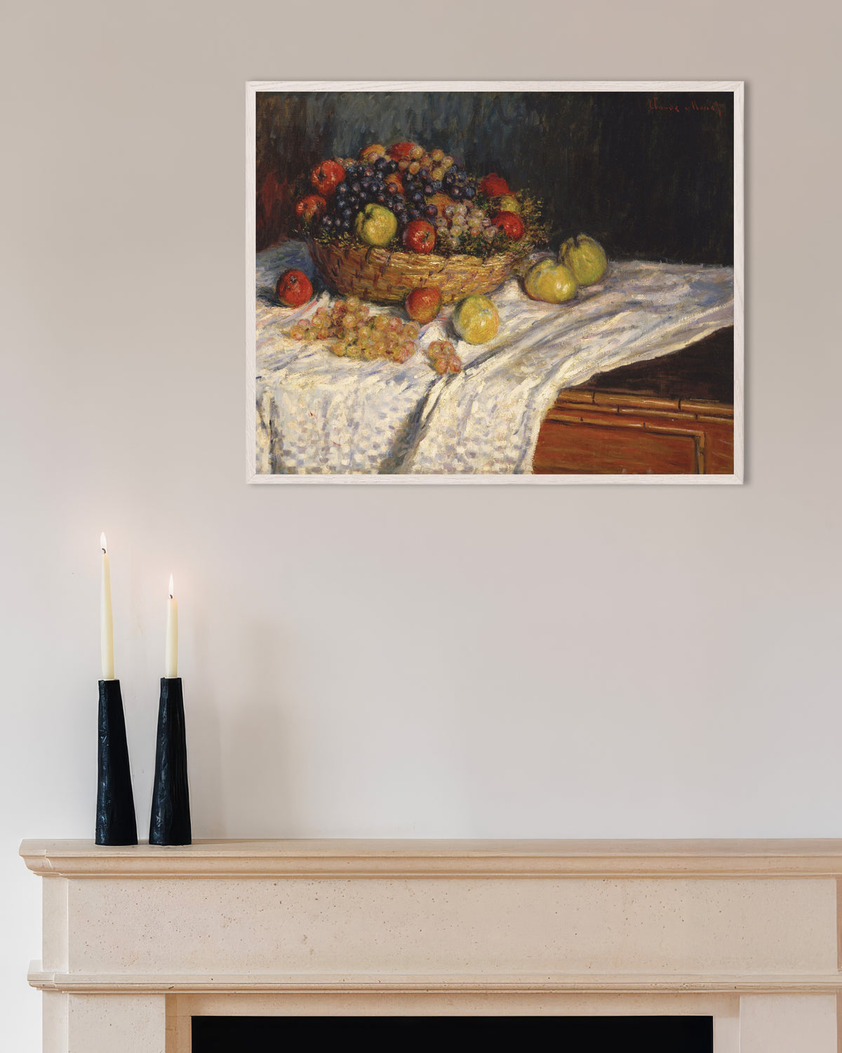 Poster Äpfel und Trauben (1879–1880) von Claude Monet mit weißem Holzrahmen