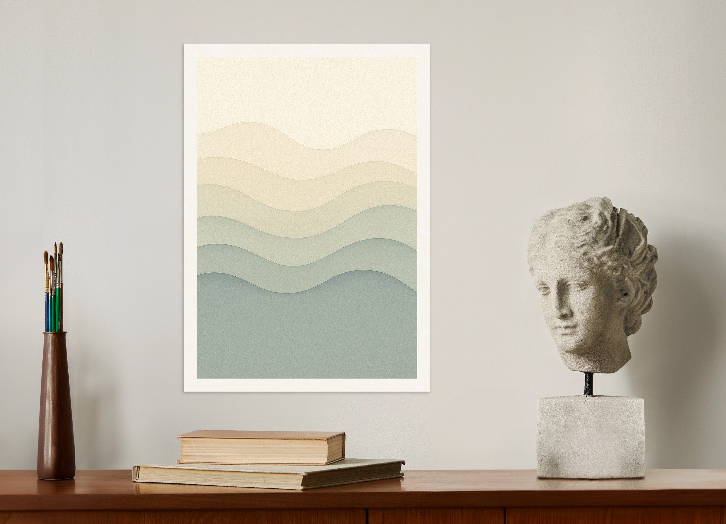 Poster of Beige and blue abstract waves print