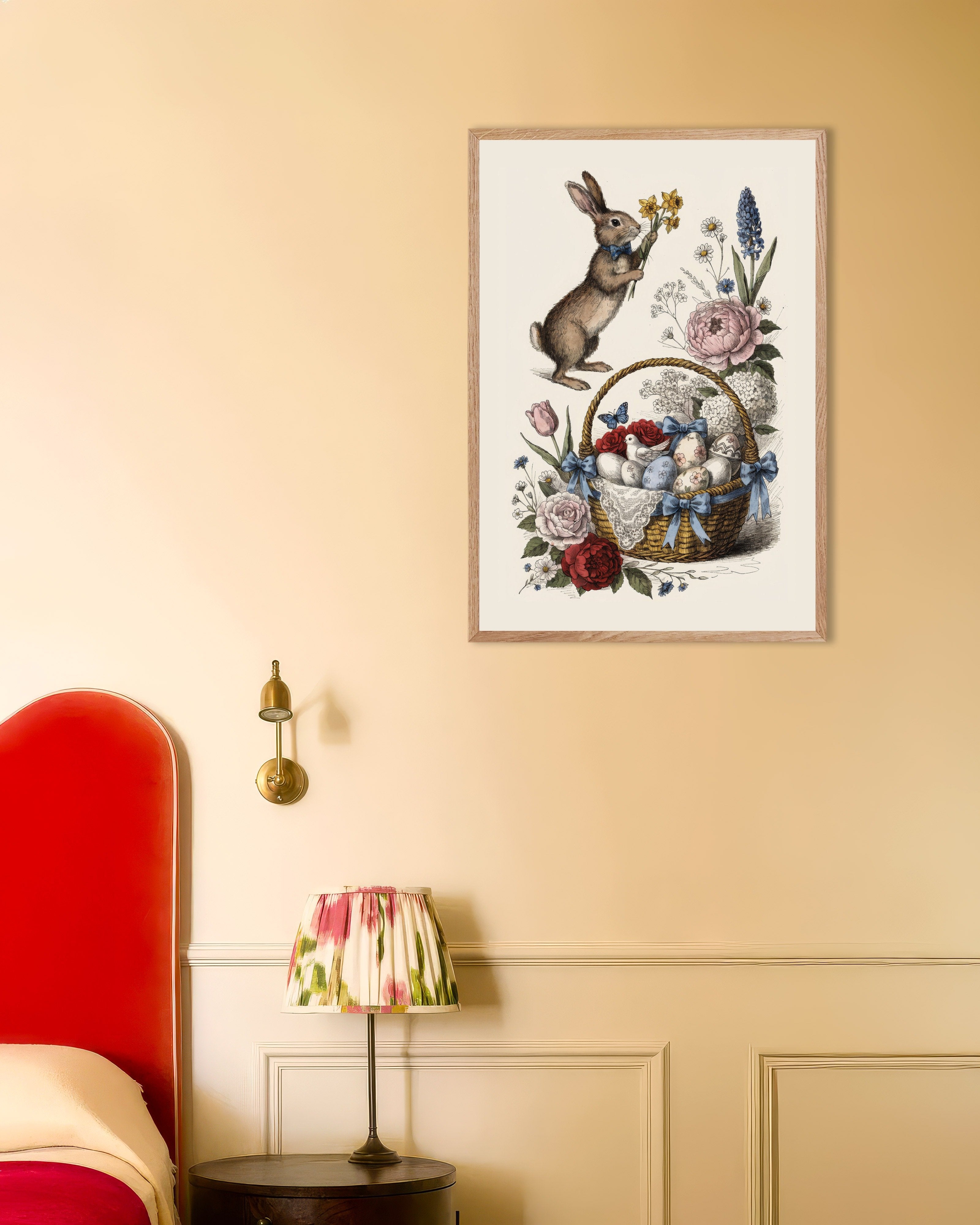Poster of Bow-Tie Bunny with Easter Basket Art Print, with natural wooden frame