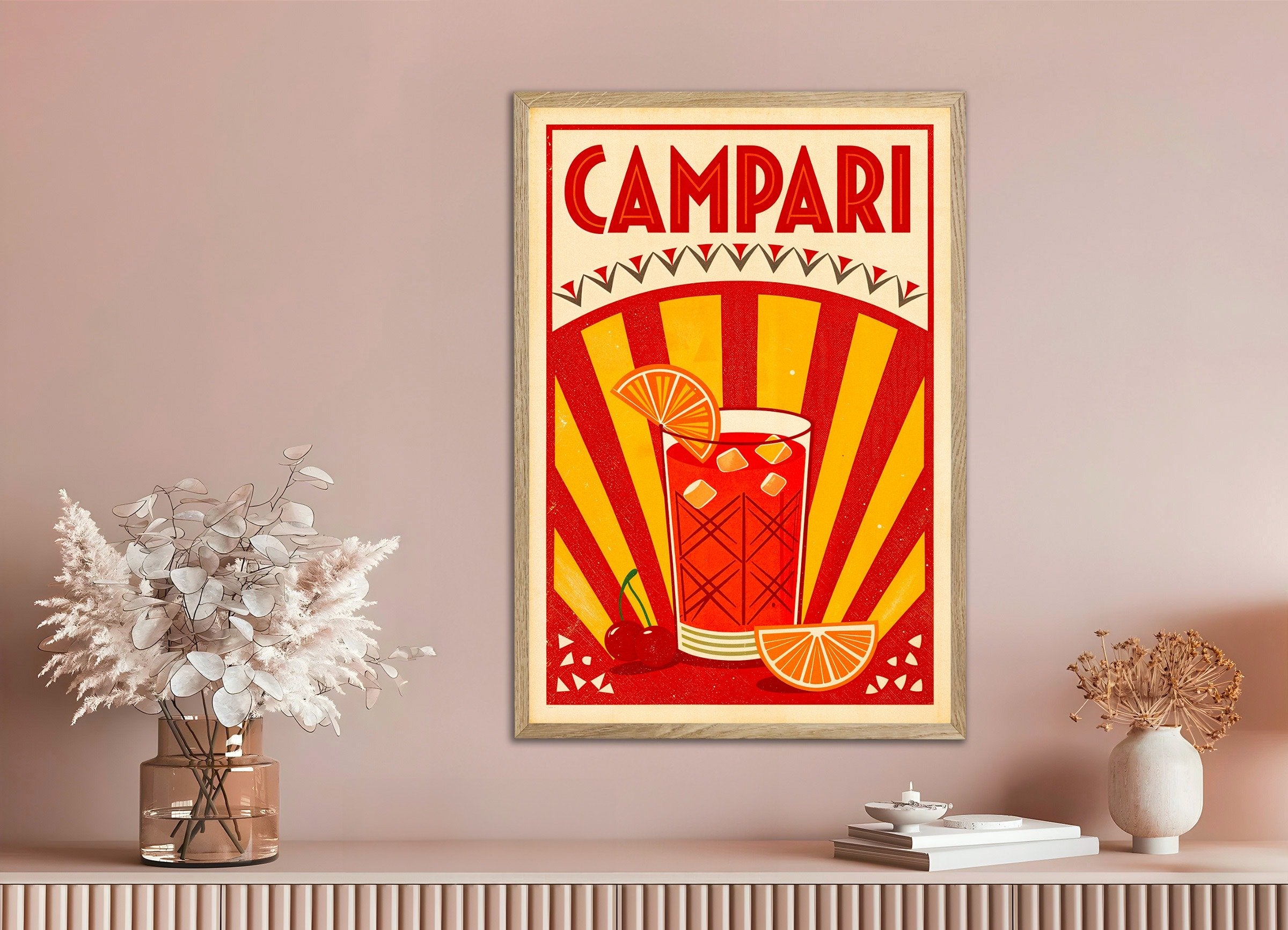 Poster of Campari Cocktail Poster - Retro Italian Aperitif, with natural wooden frame