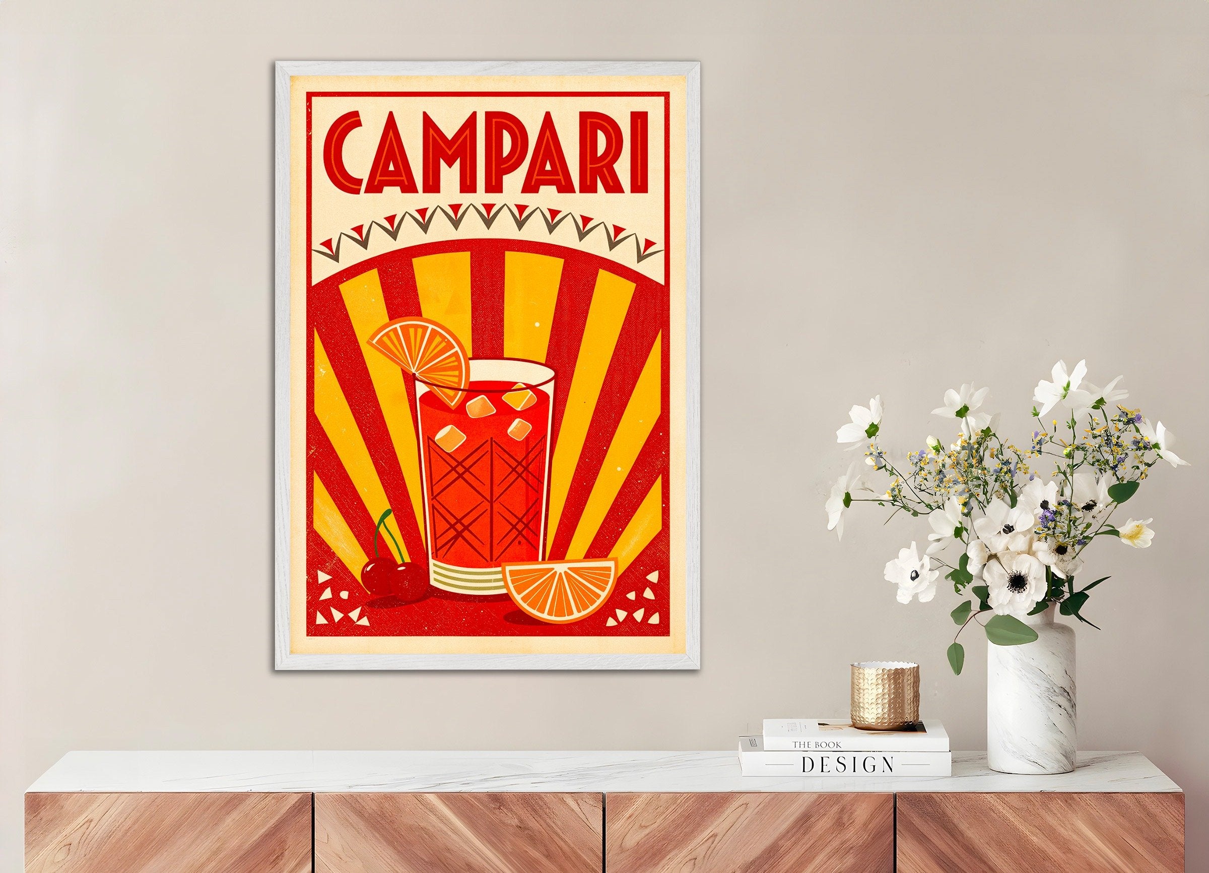 Poster of Campari Cocktail Poster - Retro Italian Aperitif, with white wooden frame