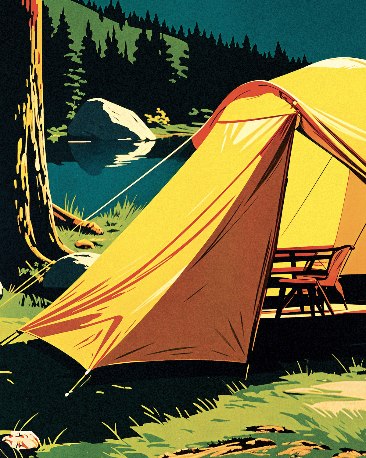 A stylized illustration of a yellow camping tent pitched beside a lake, with a tree trunk on the left, a picnic table inside the tent, and a dark forested hill in the background.