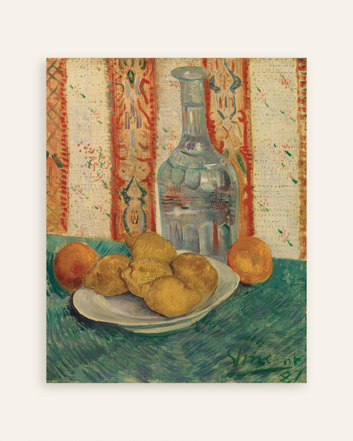 Poster mit „Karaffe und Schale mit Zitrusfrüchten (1887) von Vincent van Gogh“, Miniaturansicht