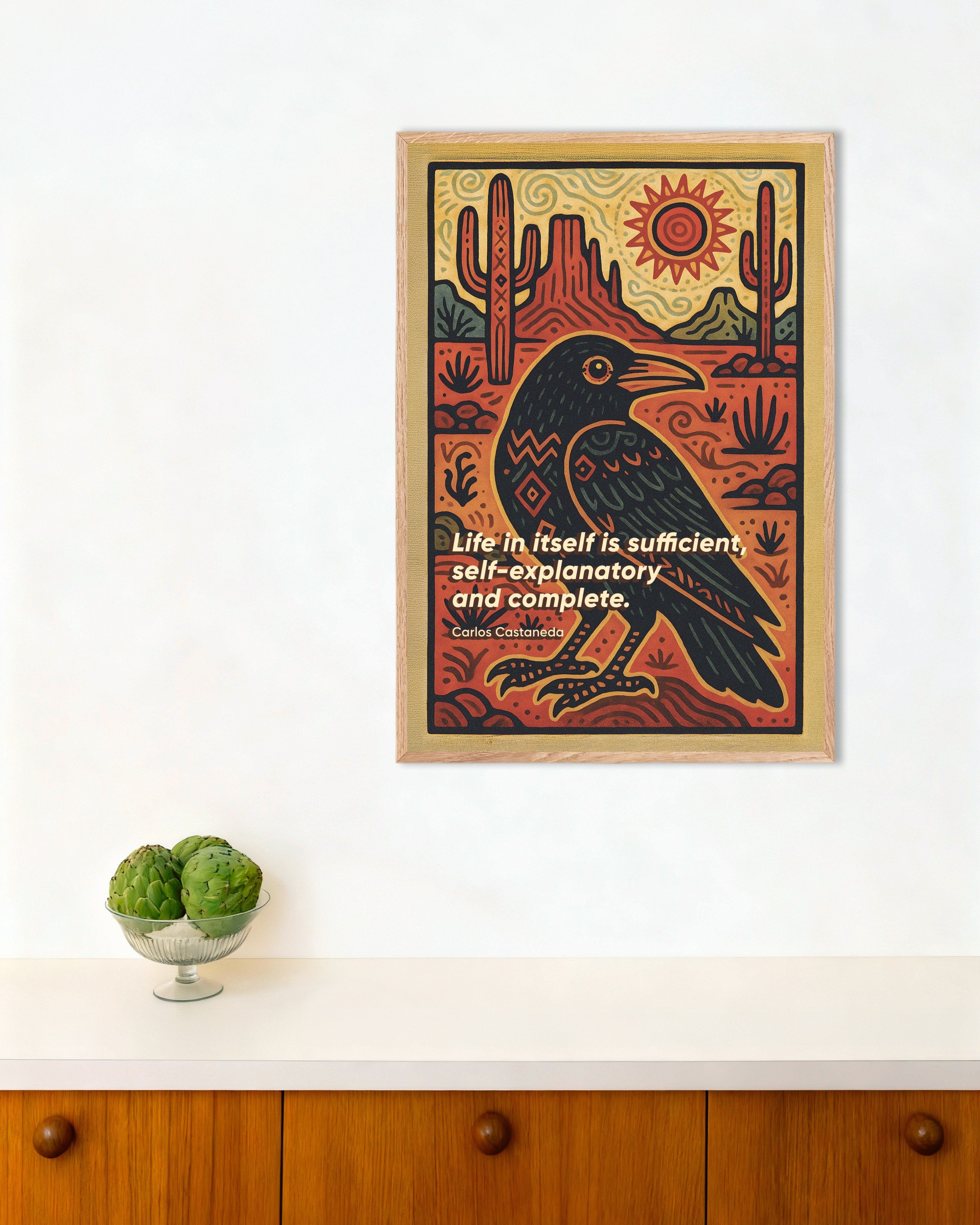 Poster of Carlos Castaneda Quote Art Print - Journey to Ixtlan: The Lessons of Don Juan, with natural wooden frame