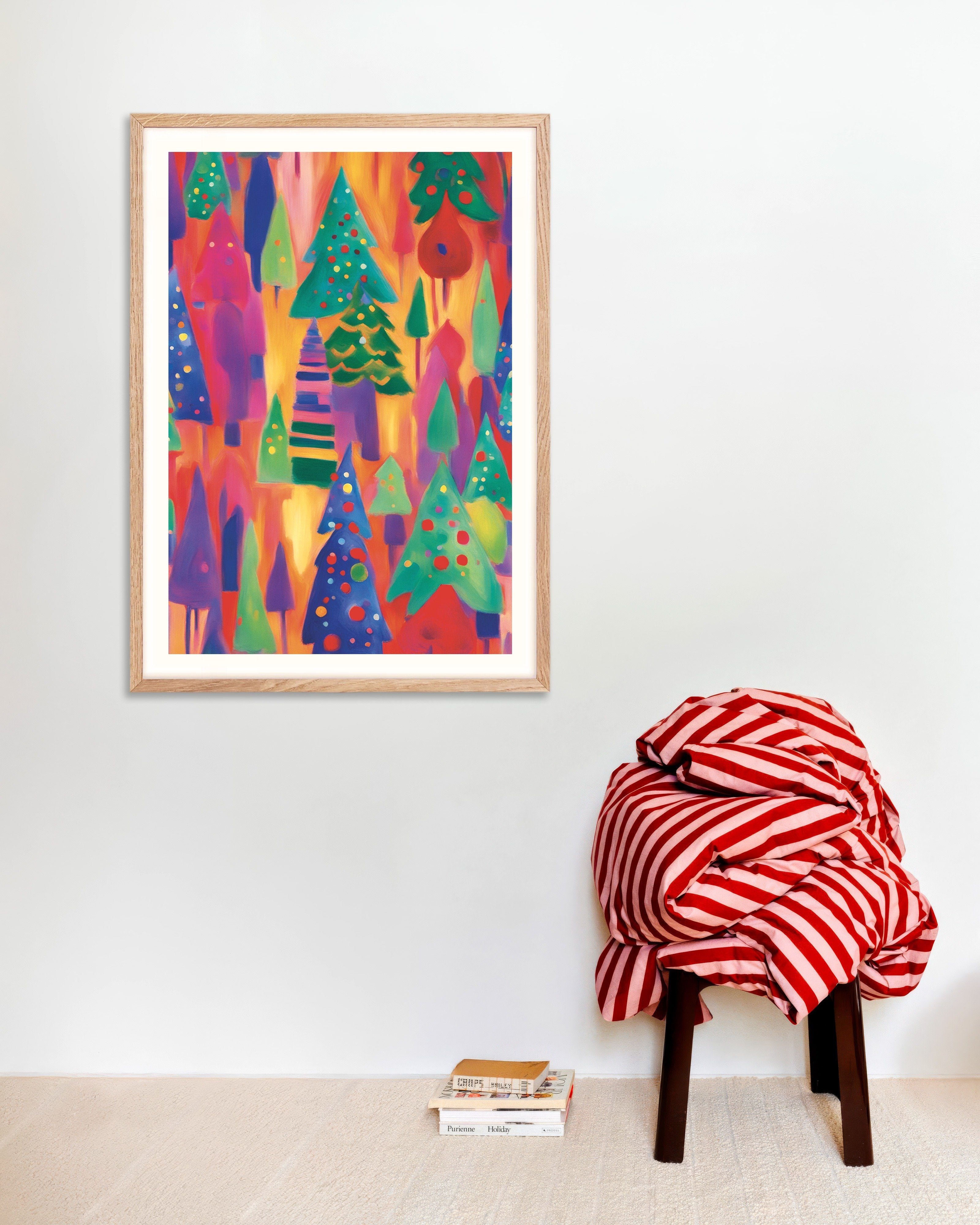 Poster of Colorful Christmas forest poster, with natural wooden frame