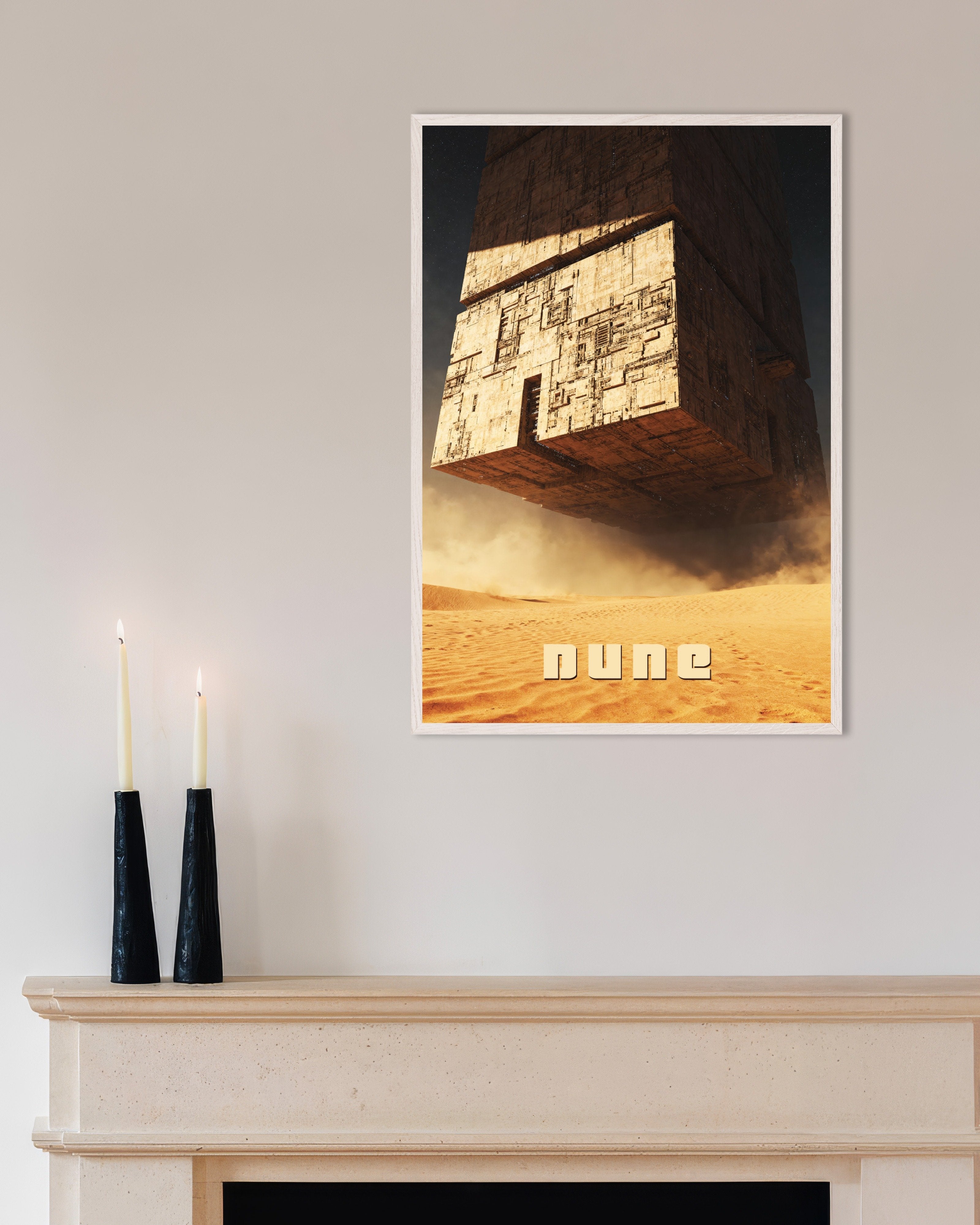 Poster of Colossal Desert Cube, Sci-Fi Megastructure Art Print, with white wooden frame