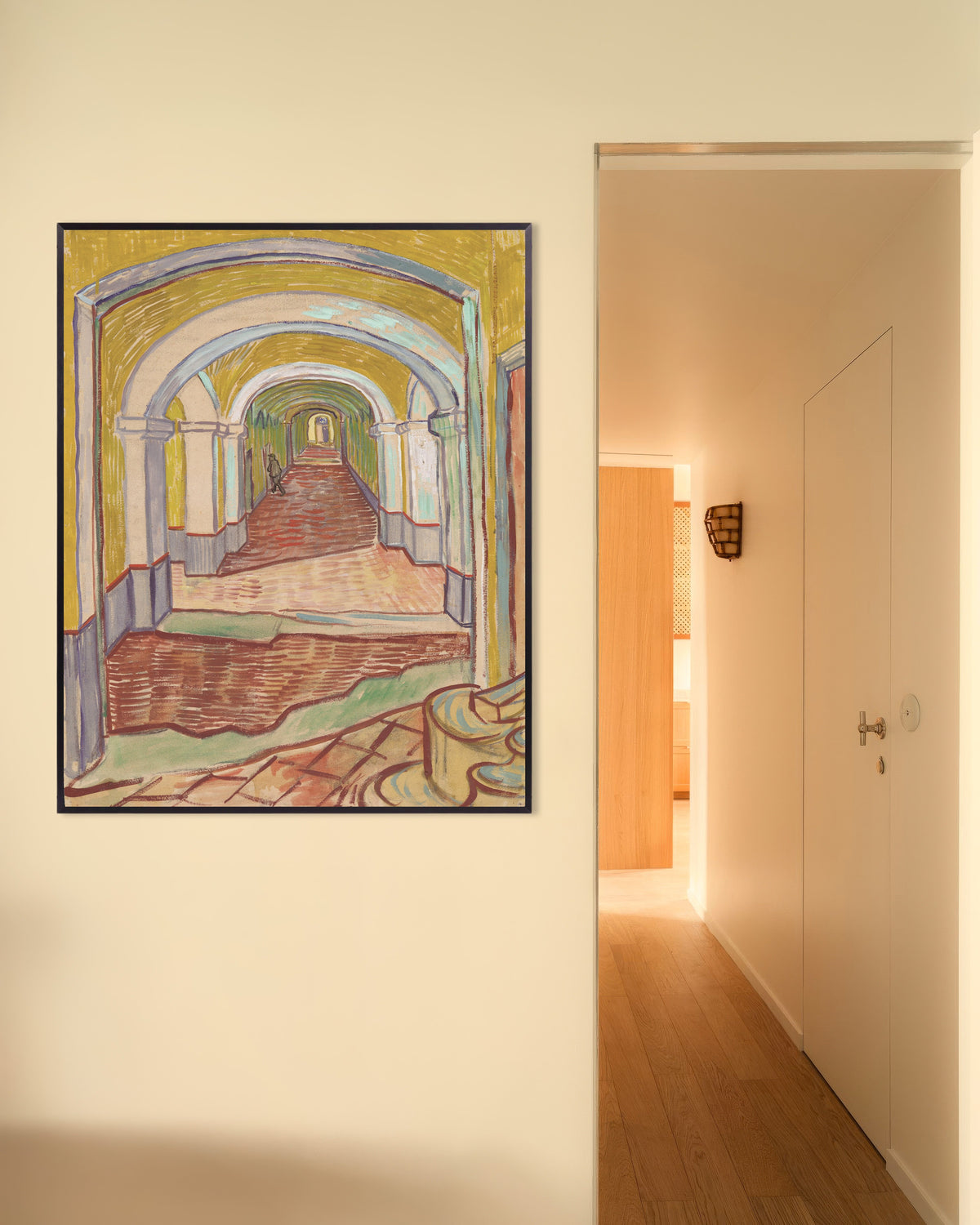 Poster mit „Korridor in der Heilanstalt (1889) von Vincent van Gogh“ und Metallrahmen
