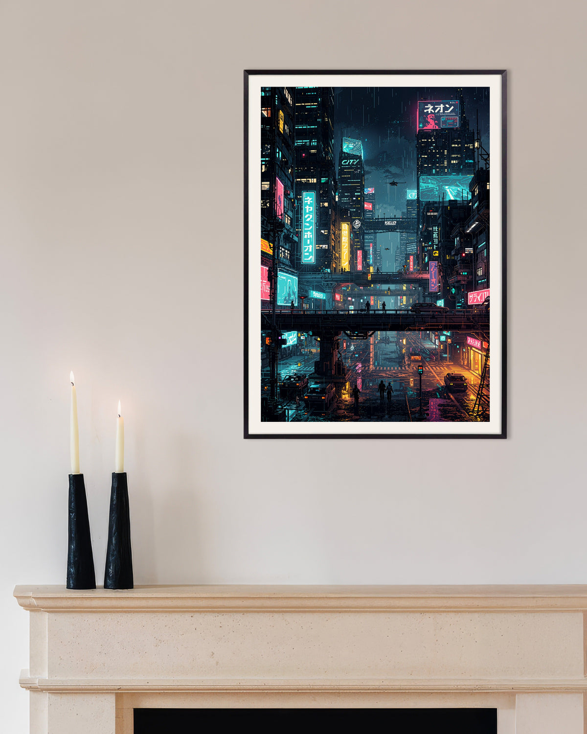 Poster „Cyberpunk-Stadt in Japan als Pixel-Art-Poster“, Poster mit Metallrahmen