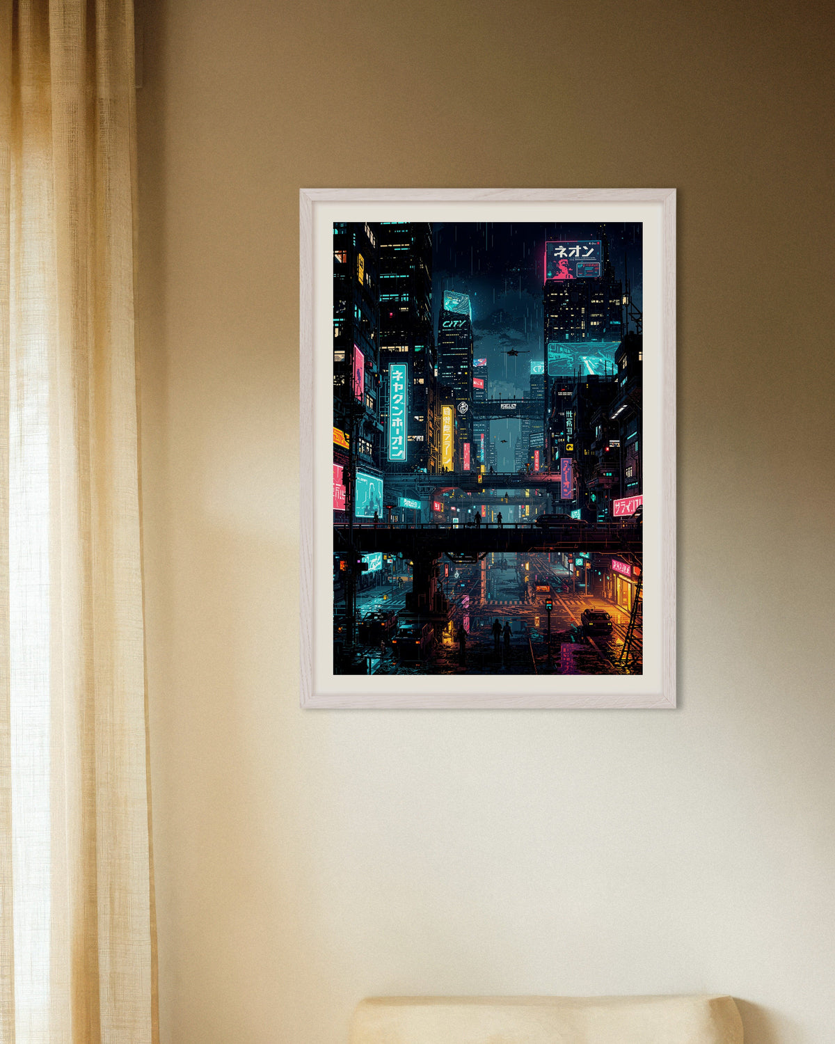 Poster „Cyberpunk-Stadt in Japan als Pixel-Art-Poster“, Poster mit weißem Holzrahmen