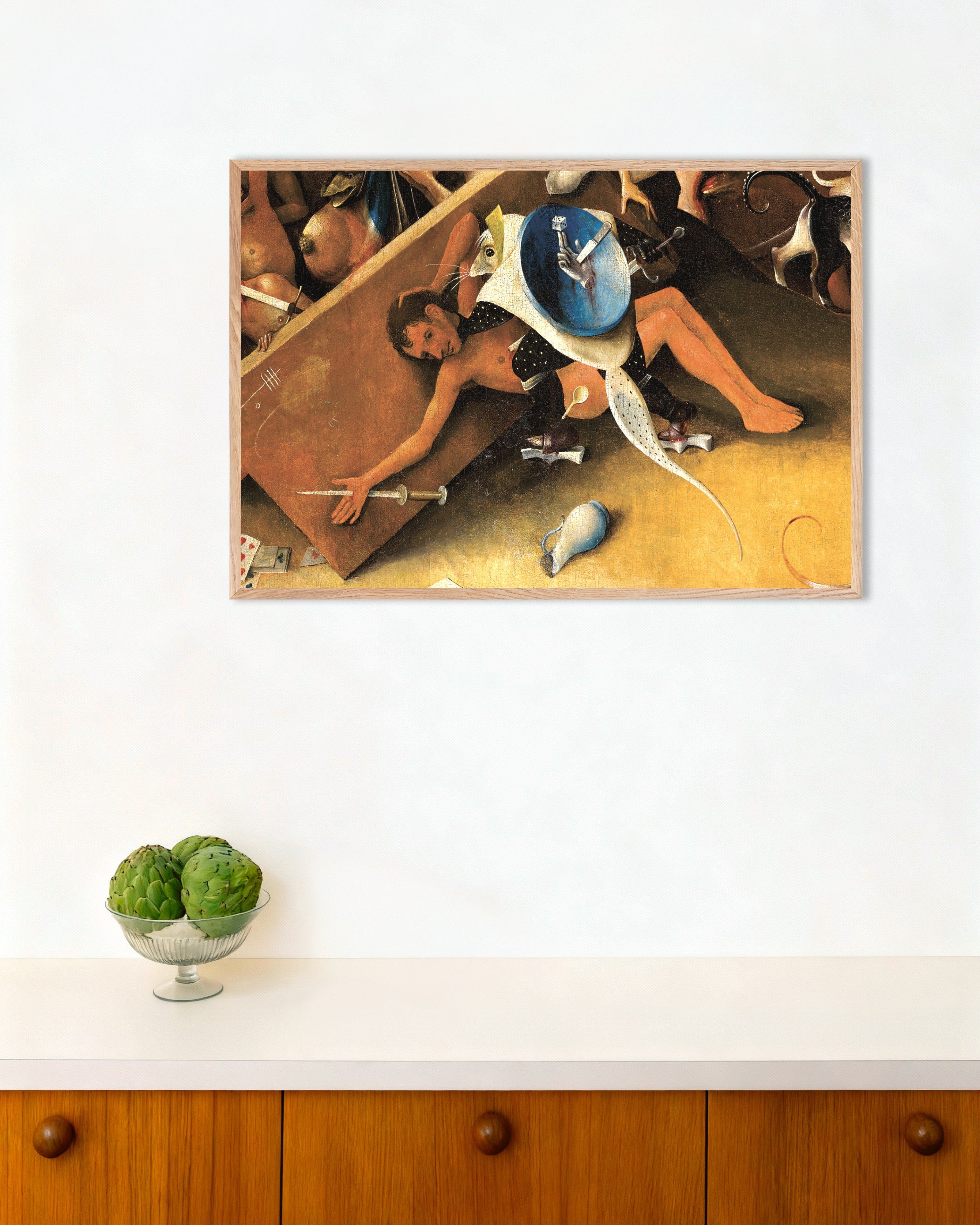 Poster of Detail from The Garden of Earthly Delights: the gambler's punishment, with natural wooden frame