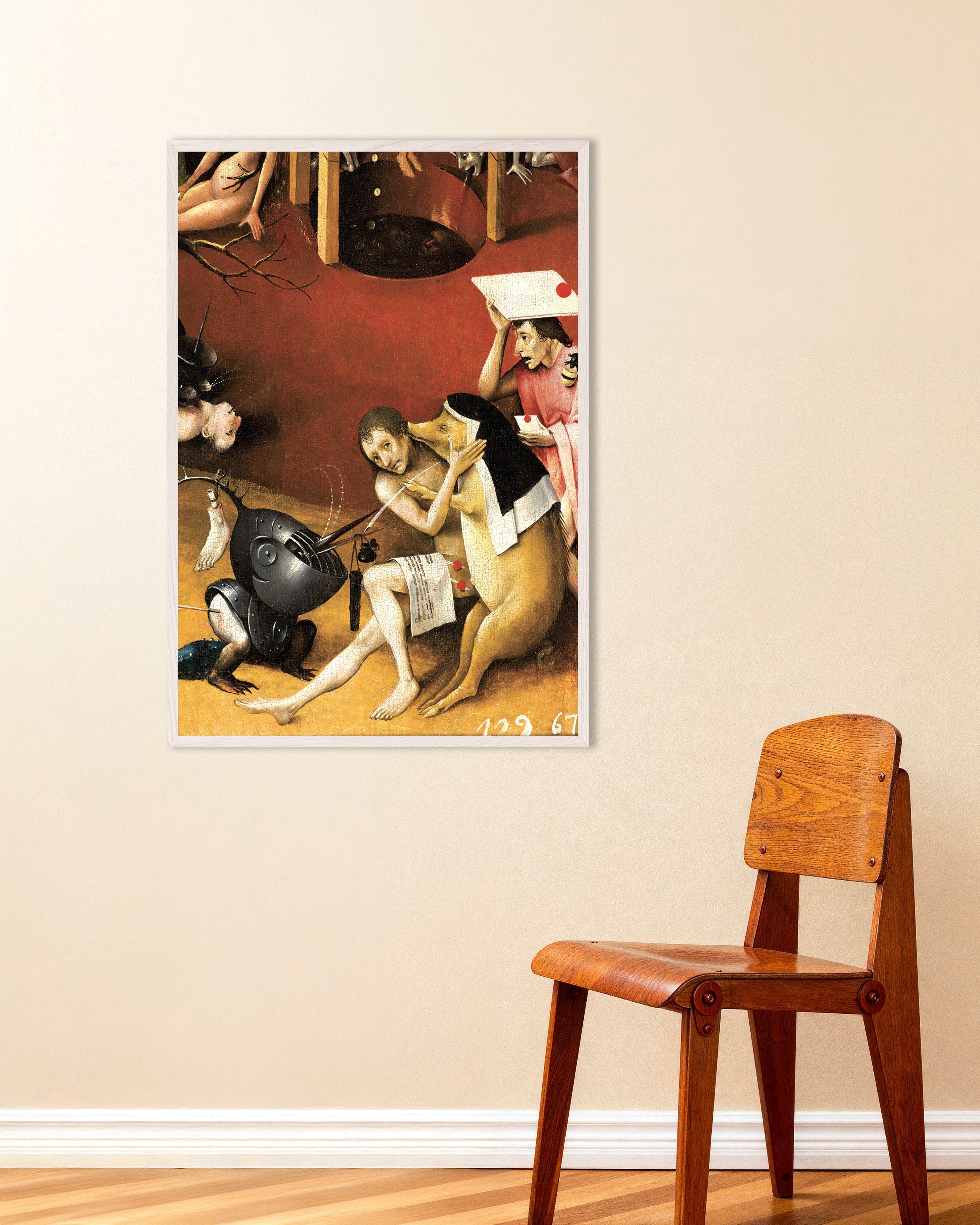 Poster of Detail from The Garden of Earthly Delights: the pig nun, with white wooden frame