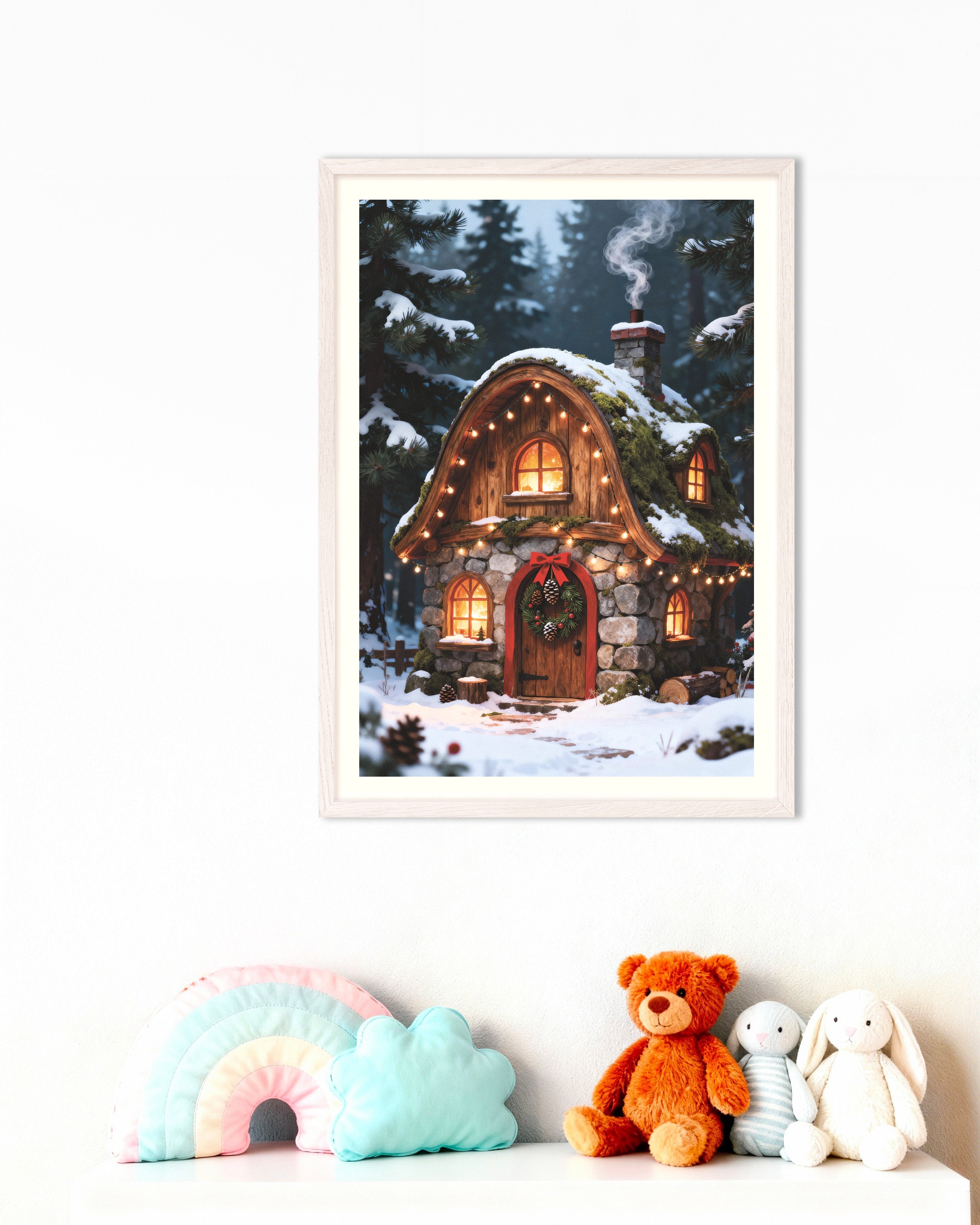 Poster of Elf cottage in the snowy forest poster, with white wooden frame