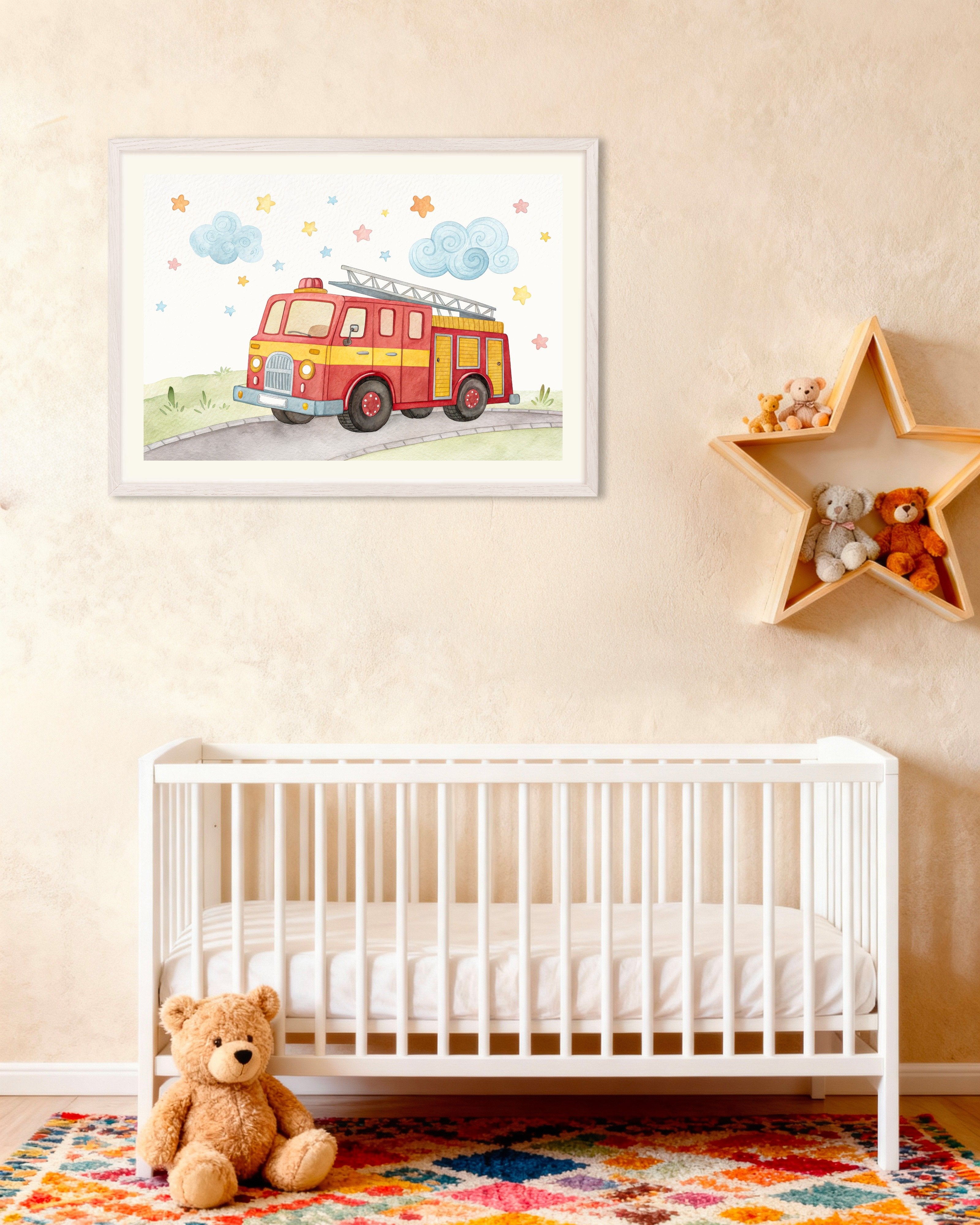Poster of Fire Truck Poster - Boys Nursery Wall Art, with white wooden frame