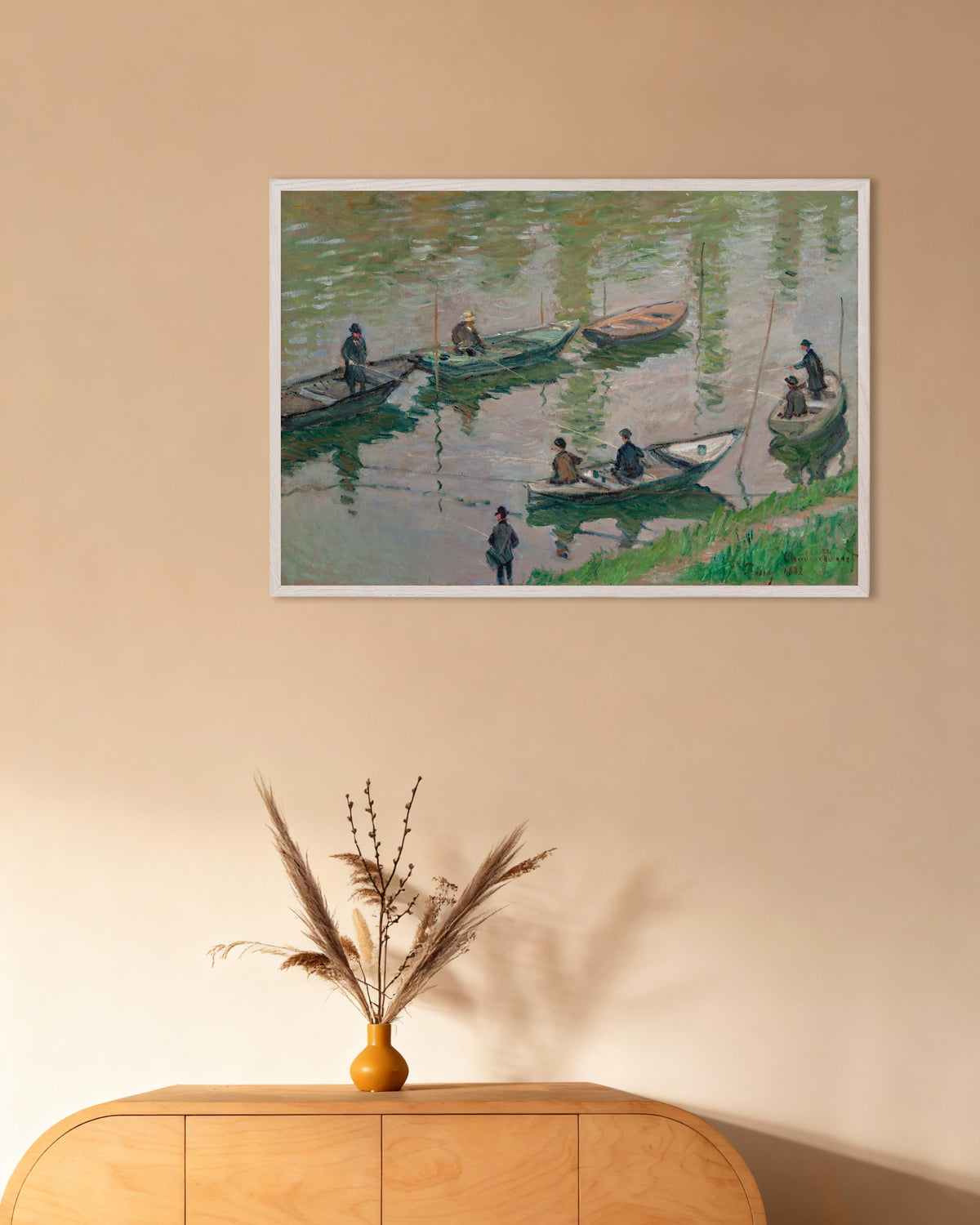 Poster Angler an der Seine bei Poissy (1882) von Claude Monet mit weißem Holzrahmen