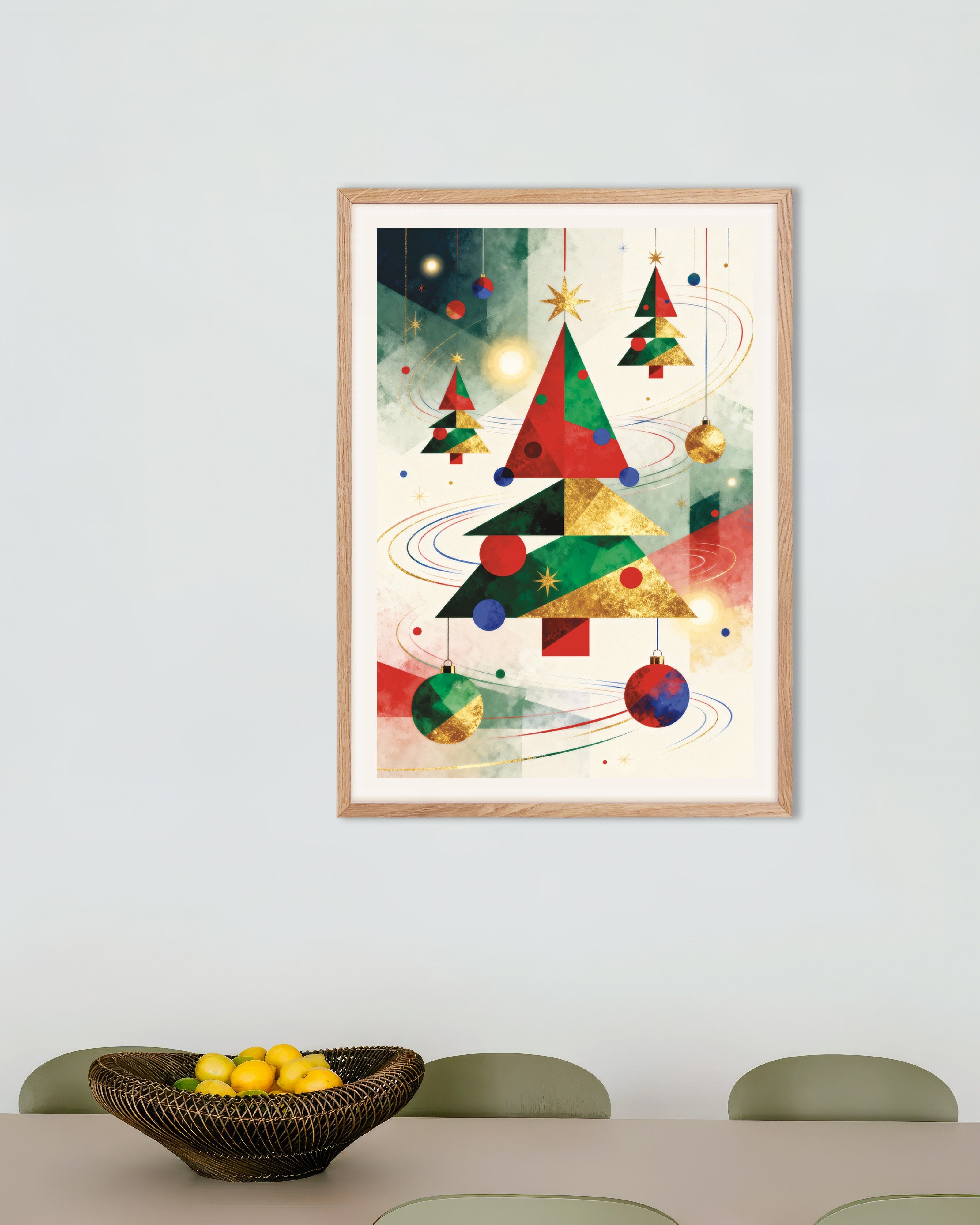 Poster of Geometric Christmas trees poster, with natural wooden frame