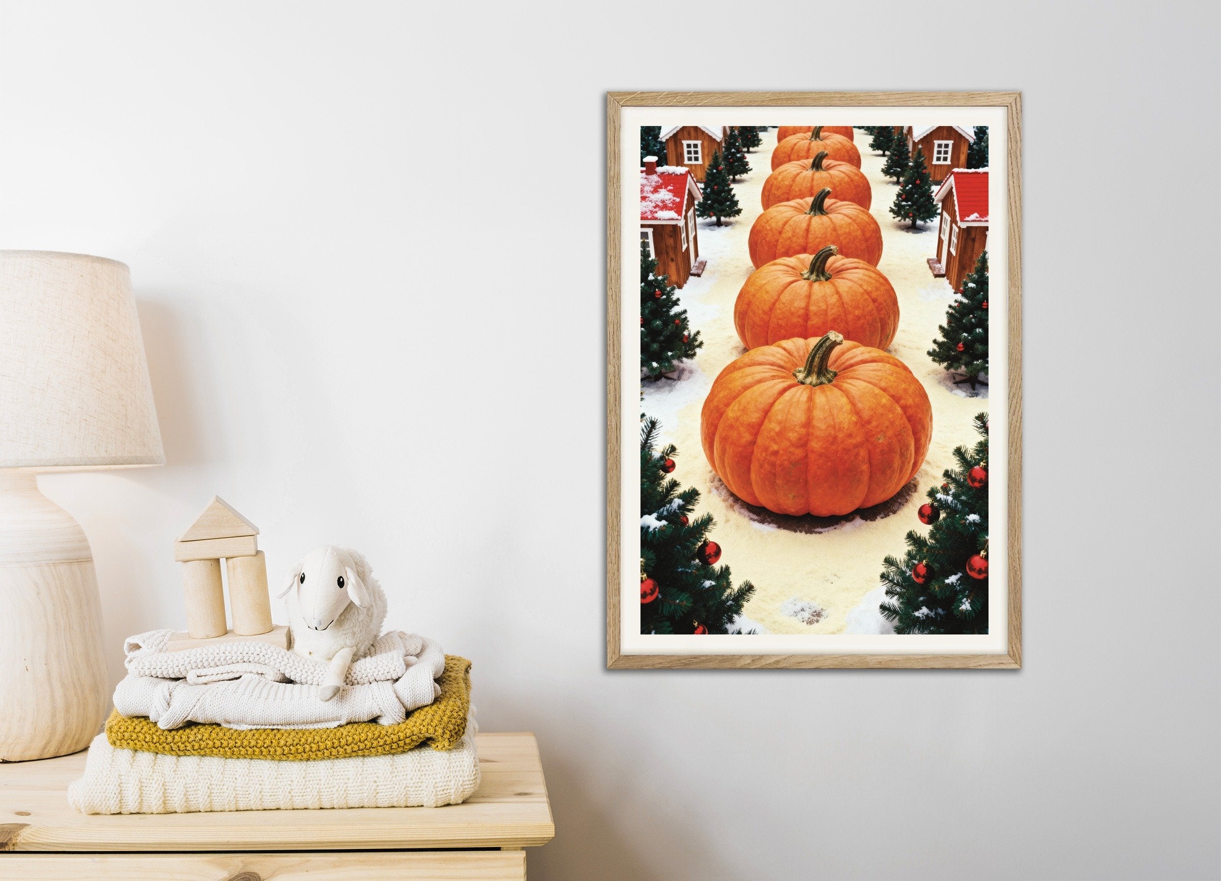 Poster of Giant pumpkins in the Christmas village poster, with natural wooden frame