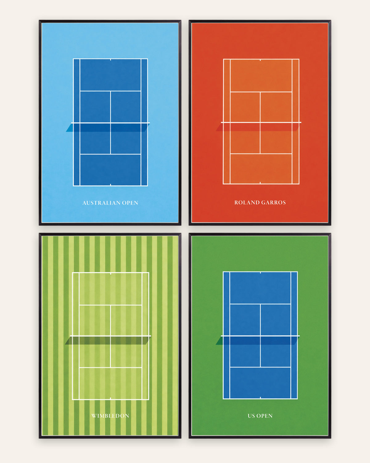 Grand-Slam-Tennis-Poster, 4er-Set: Australian Open, Roland Garros, Wimbledon und US Open, in schwarzen Metallrahmen