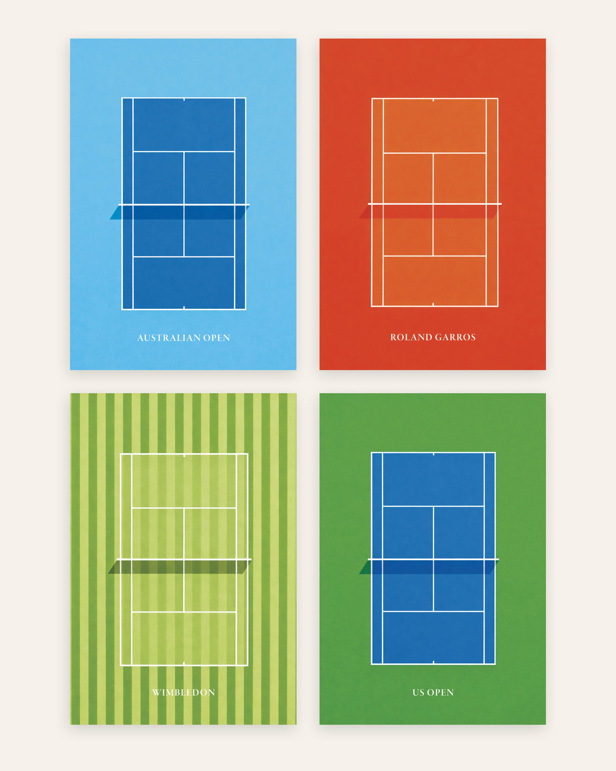 Grand-Slam-Tennis-Poster, 4er-Set: Australian Open, Roland Garros, Wimbledon und US Open, ohne Rahmen