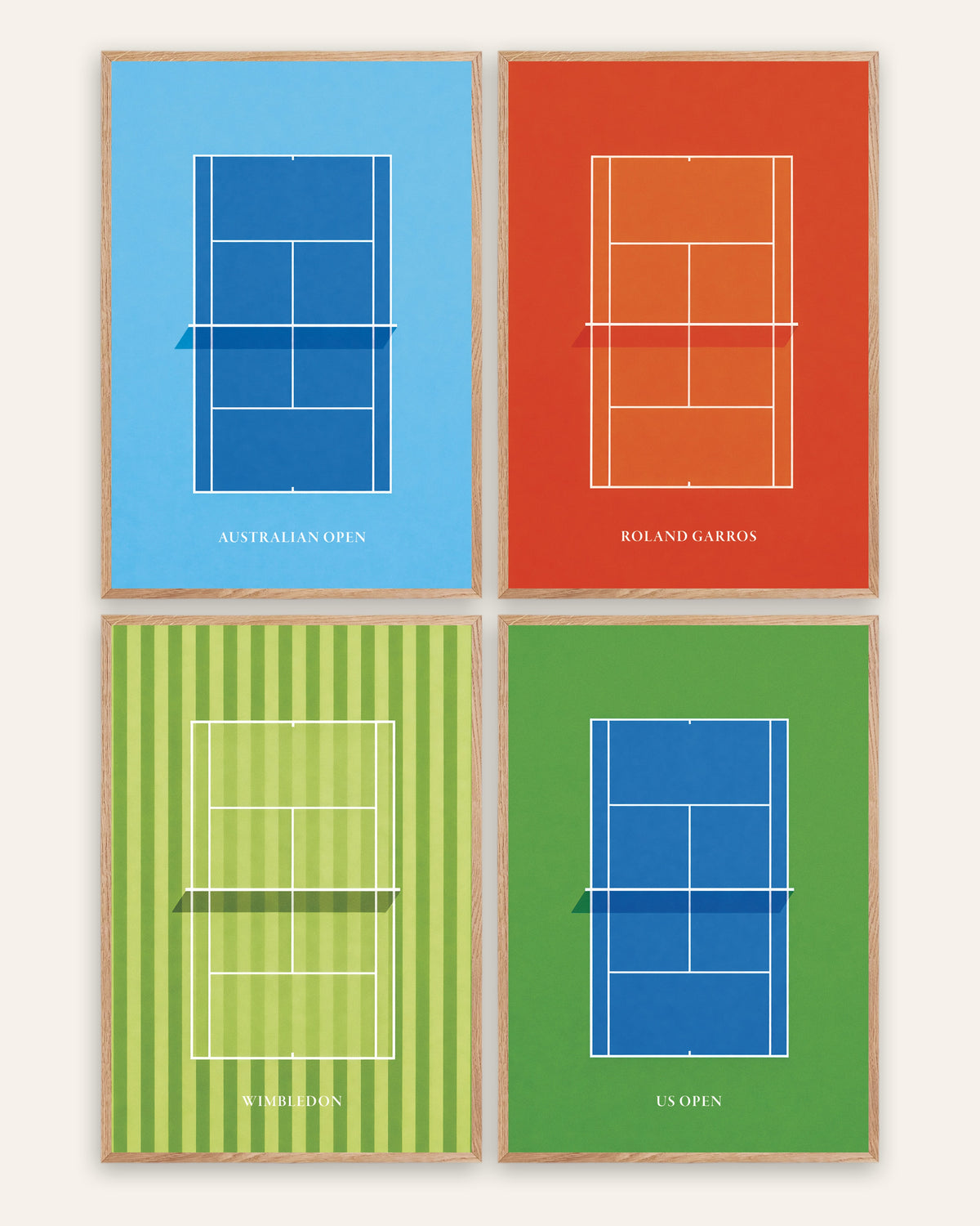 Grand-Slam-Tennis-Poster, 4er-Set: Australian Open, Roland Garros, Wimbledon und US Open, in Rahmen aus Natureiche