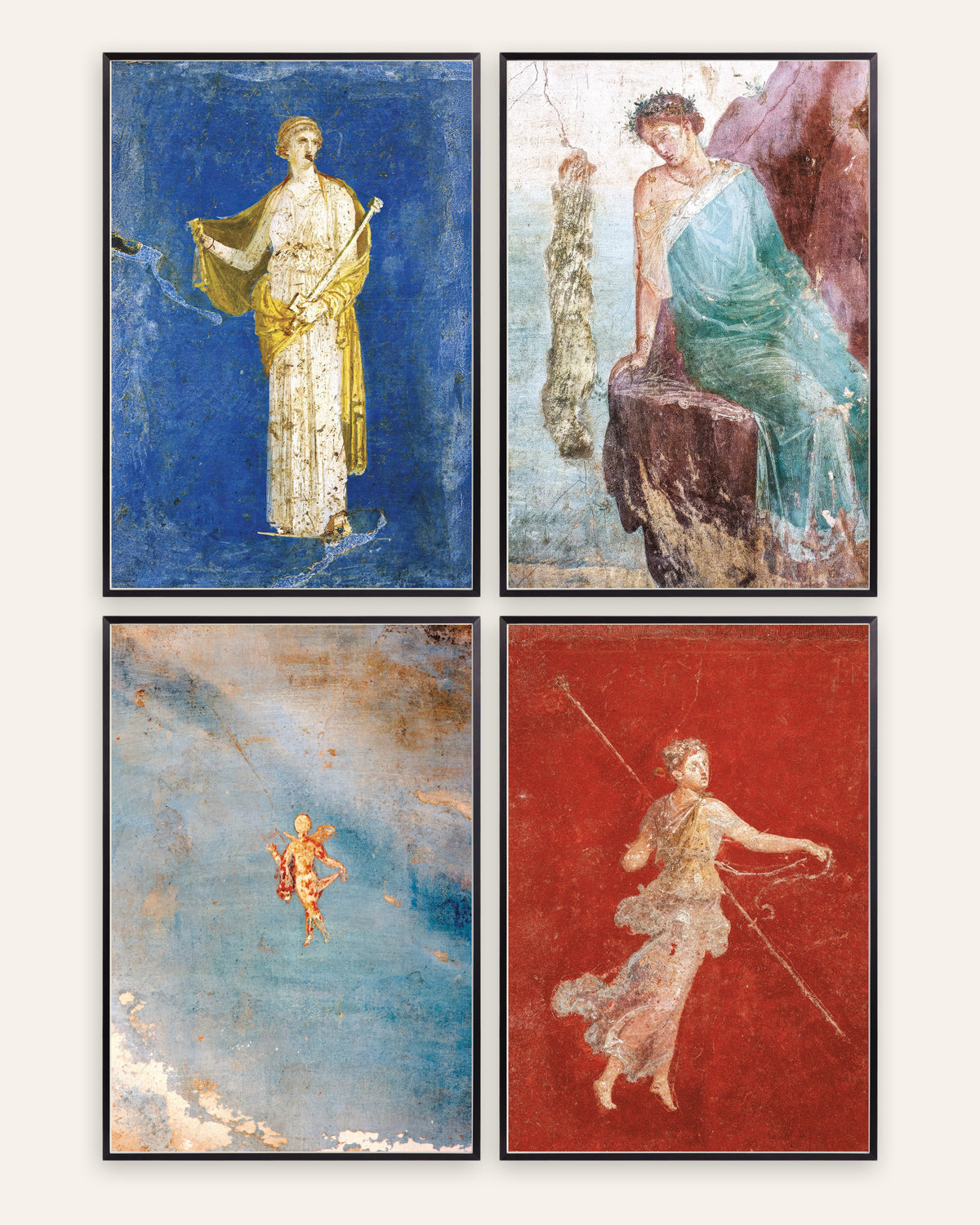 Römische Fresken Poster, 4er-Set: Medea, Ikarus, Psyche und Mänade, in schwarzen Metallrahmen