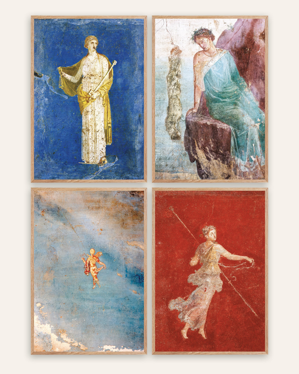 Römische Fresken Poster, 4er-Set: Medea, Ikarus, Psyche und Mänade, in Rahmen aus Natureiche