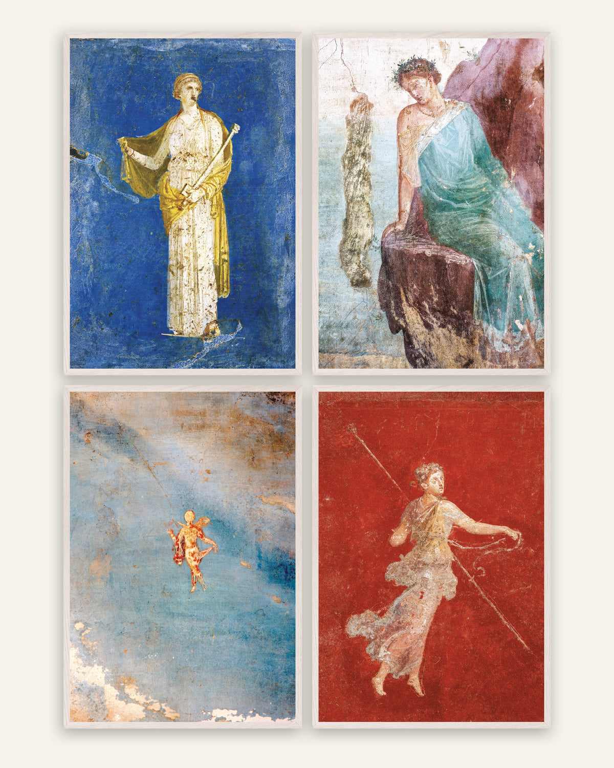 Römische Fresken Poster, 4er-Set: Medea, Ikarus, Psyche und Mänade, in weißen Eichenrahmen