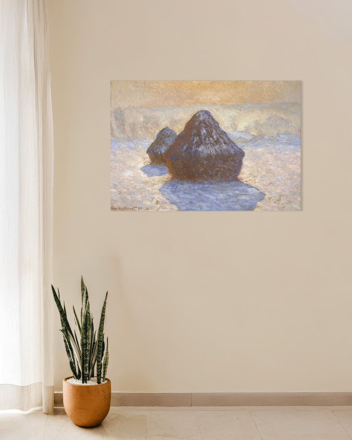 Poster Getreideschober, Schneeeffekt (1891) von Claude Monet