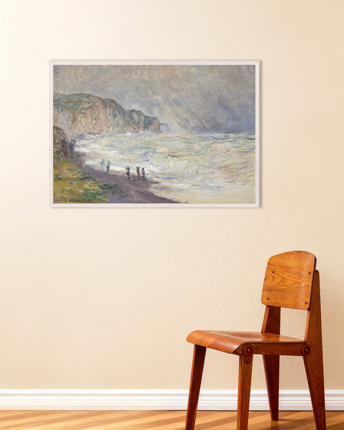 Poster Schwere See bei Pourville (1897) von Claude Monet mit weißem Holzrahmen